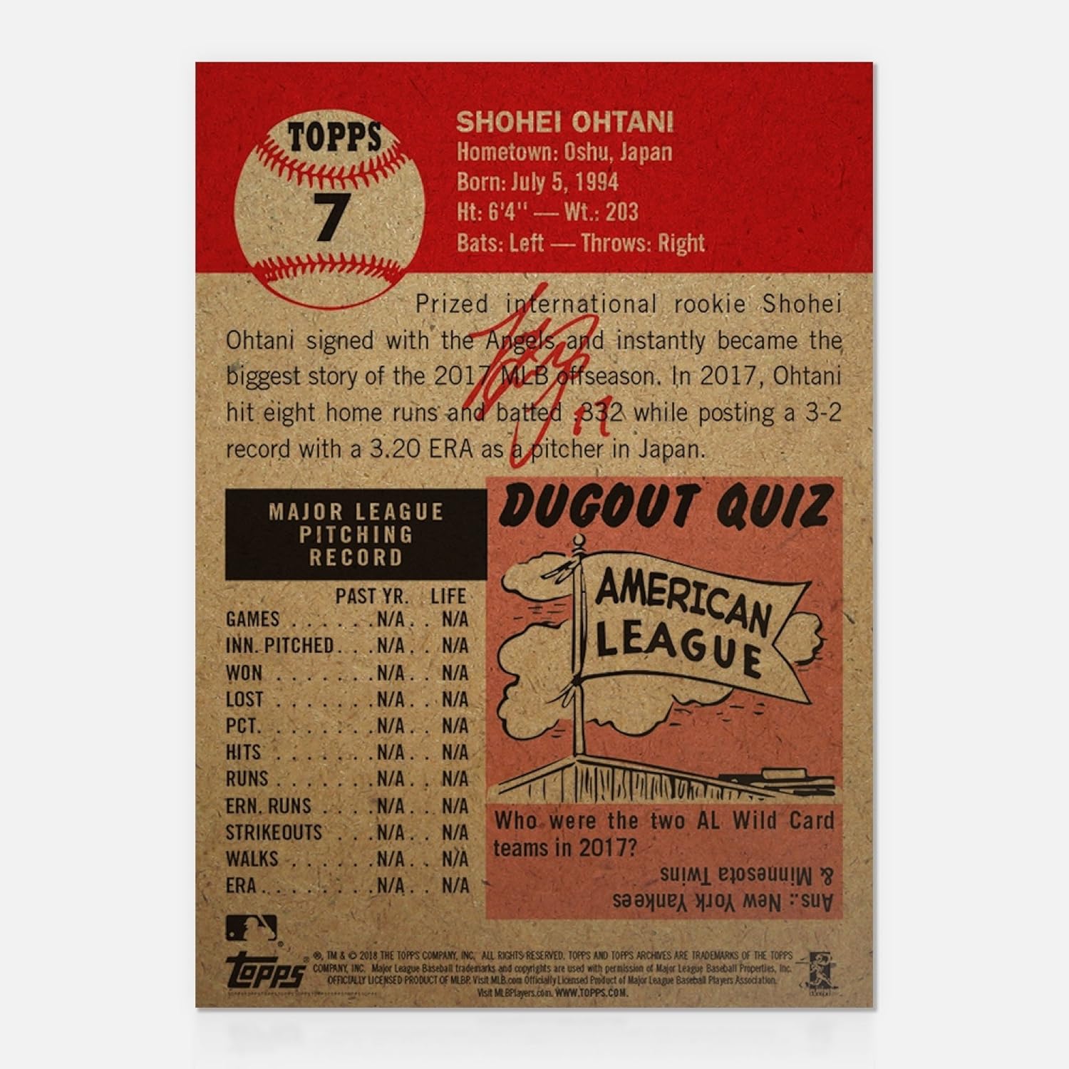 SHOHEI OHTANI TOPPS LIVING SET 2018 CARD 7 ANGELS JAPANESE STAR w/FAUX SIGNATURE + TOPLOADER