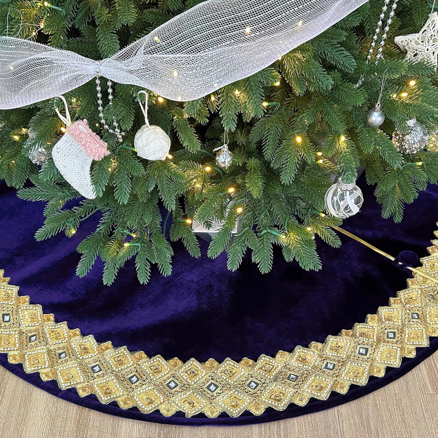 72-Inch Venetian Gilded Christmas Tree Skirt in Velvet with Gold Jeweled Band, Royal Blue