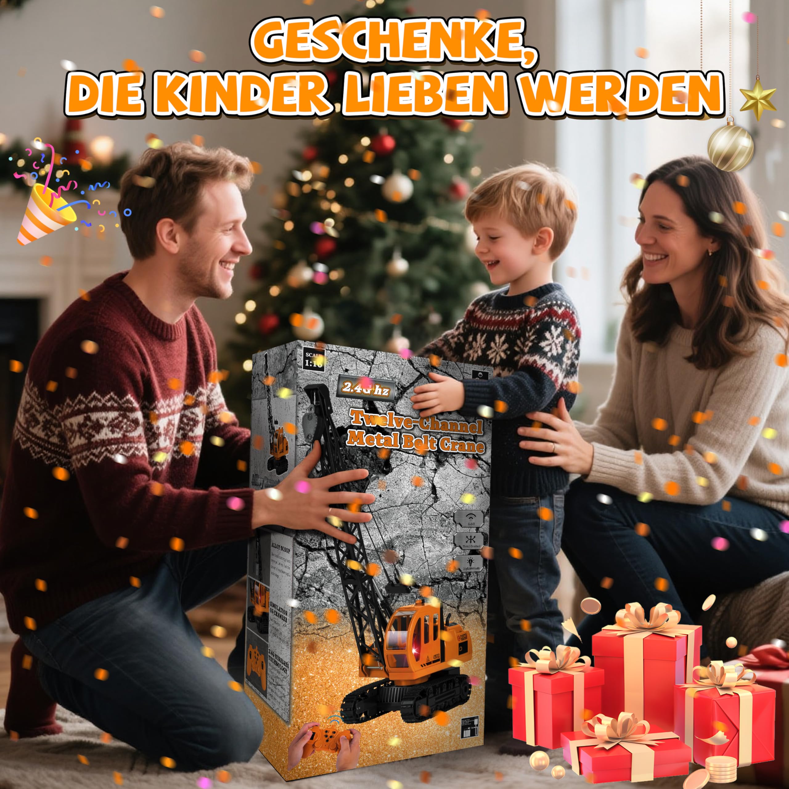 Joellfuner 1:14 Super Große Kran Spielzeug, 2,4G Kran Ferngesteuert mit Lichtern und Geräuschen Realistischer, RC Kranspielzeug mit 2 Werkzeugen, Geschenk für Kinder von 3–12 Jahren (Extra Groß)