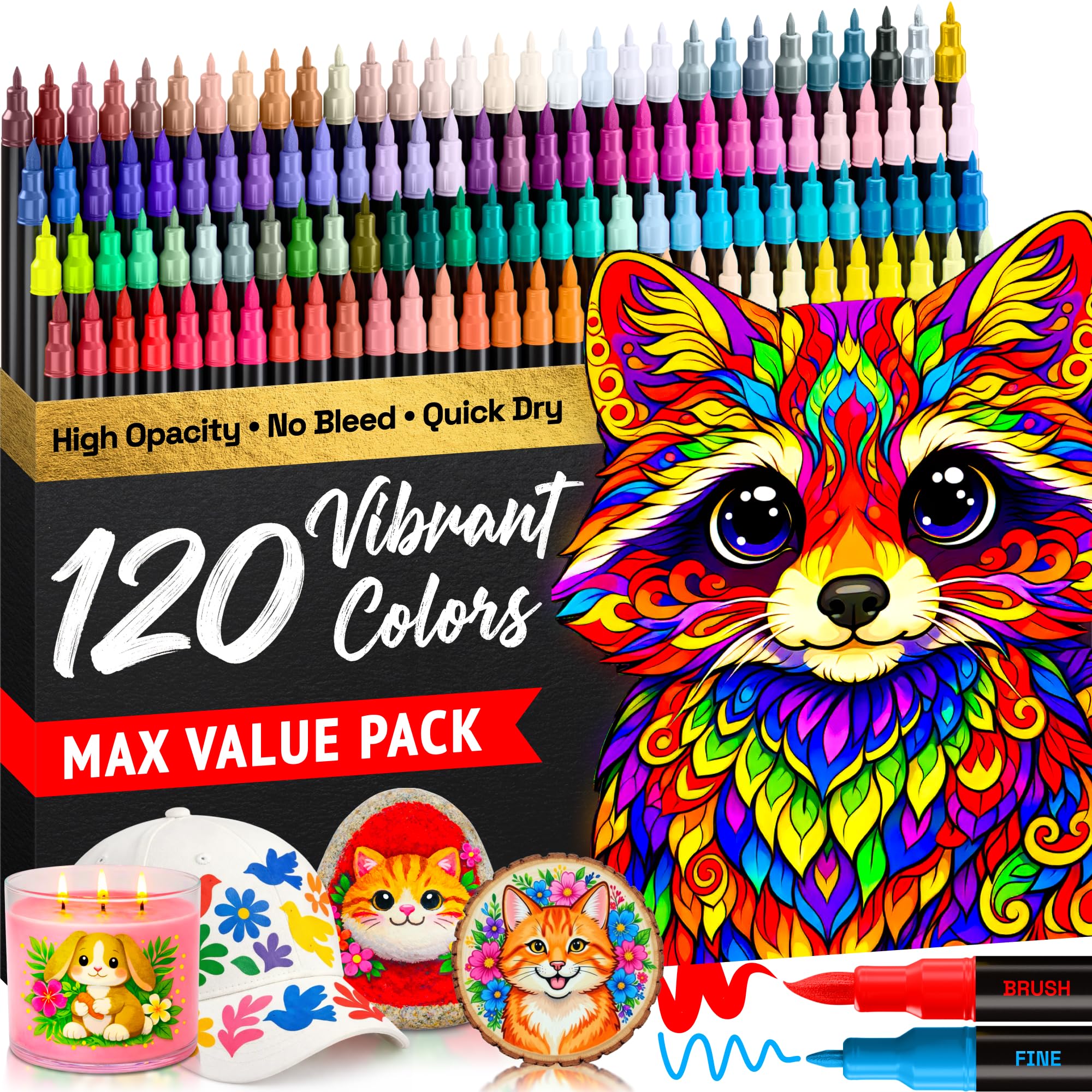 Artistro 120 Acrylstifte – Dual Tip (Pinsel & Fein) Marker für Stoff, Leinwand, Stein, Glas, Holz – Kalligrafie, Scrapbooking Zubehör, DIY & Geschenk für Kinder und Jugendliche – Kunstset