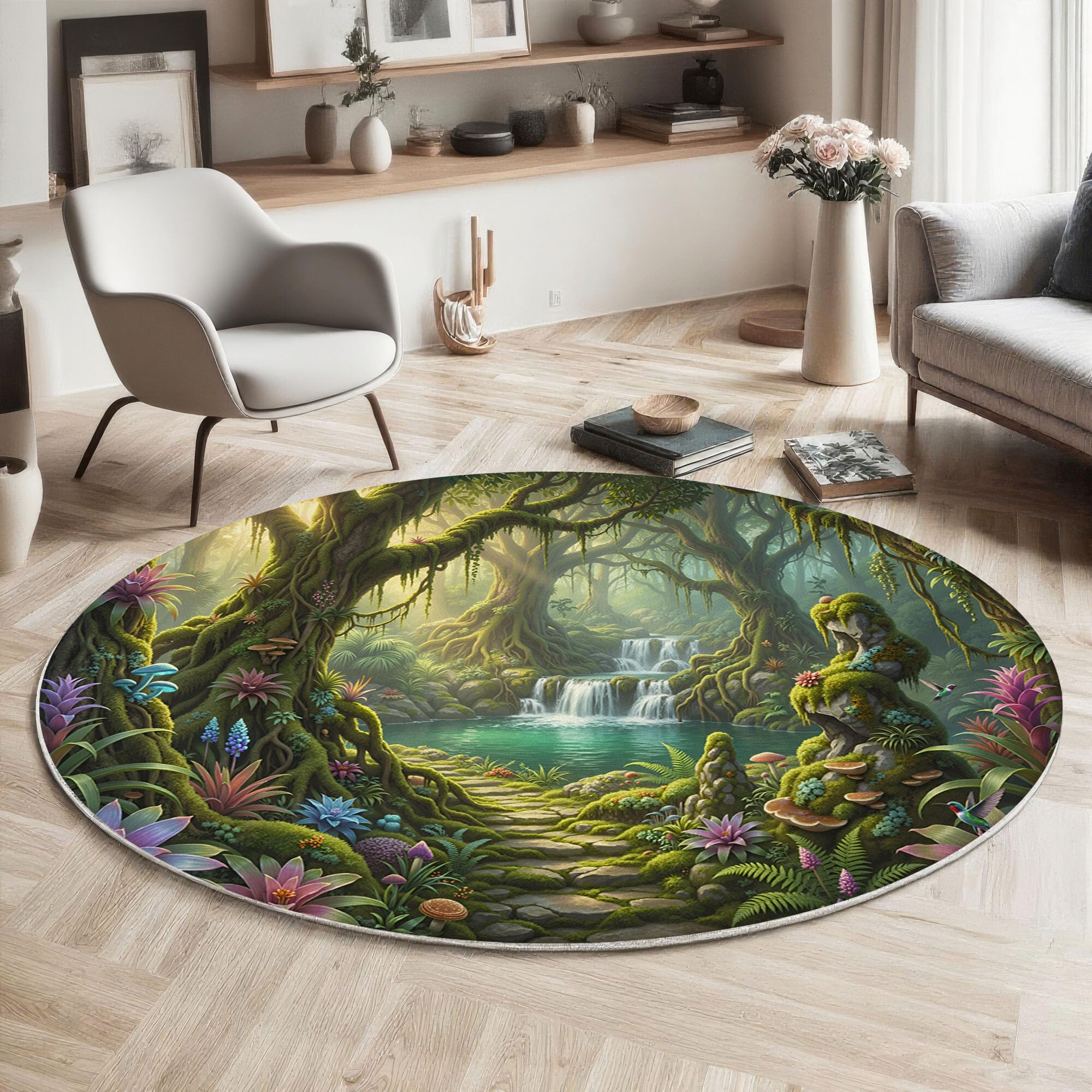 Tapis rond cascade forêt fantastique vert 100cm lavable pour chambre