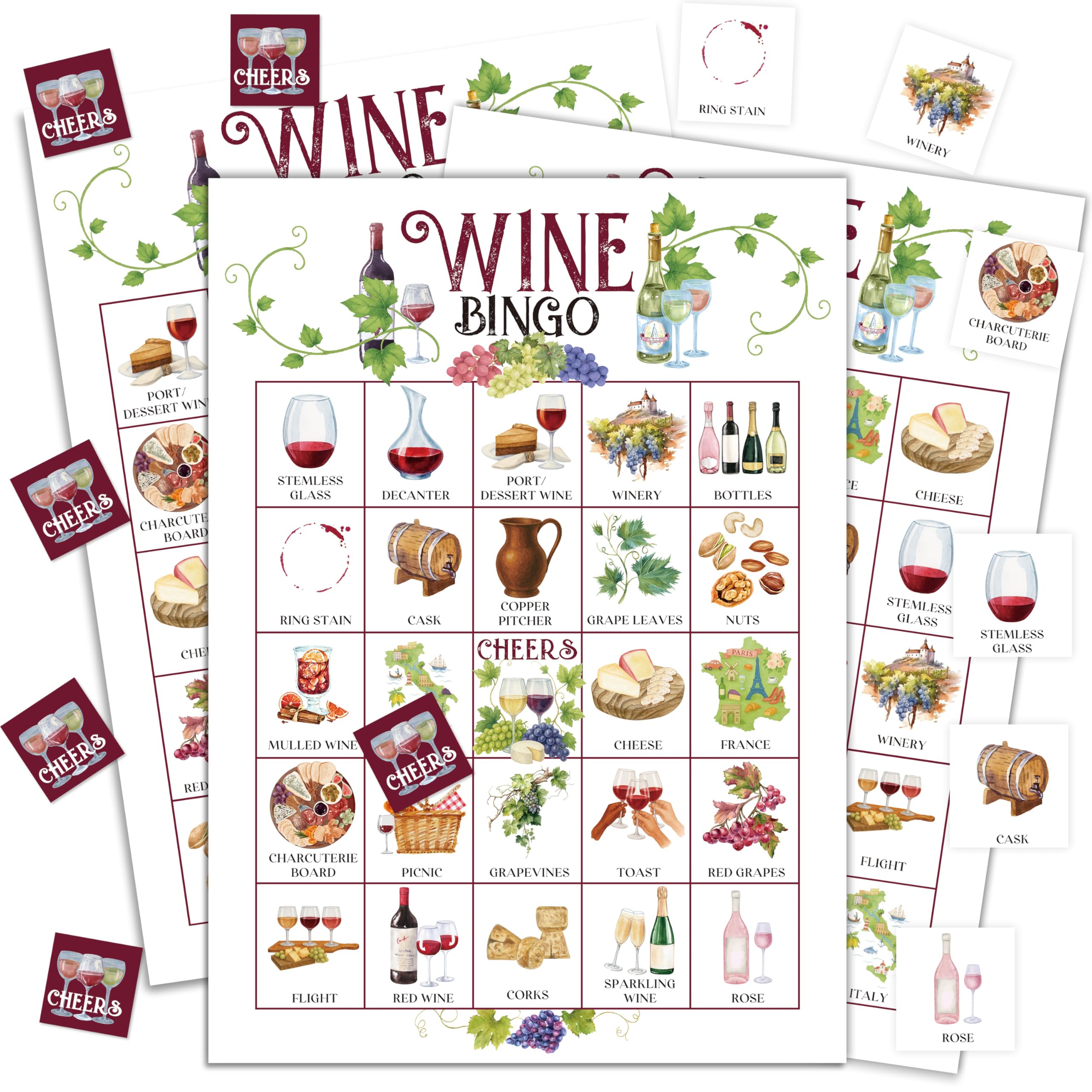 Juego de bingo de vino, tarjetas de juego de fiesta de cata de vino para adultos, 24 jugadores, actividades de alegría para familiares, amigos, bodega, despedida de soltera o despedida de