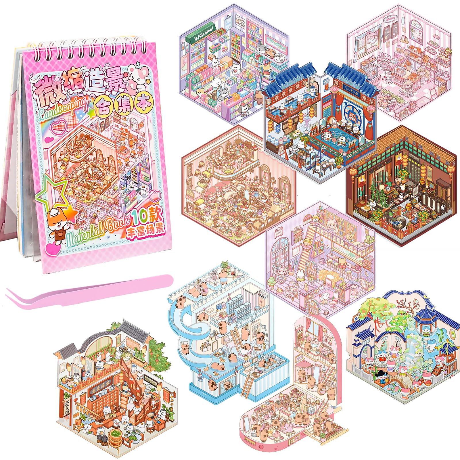 ANBOOR – Set Creativo Di 20 Adesivi 3D E 2 Libri Kawaii Per Creare Scene In Miniatura, Attività Antistress Fai-da-te Per Adulti - 4