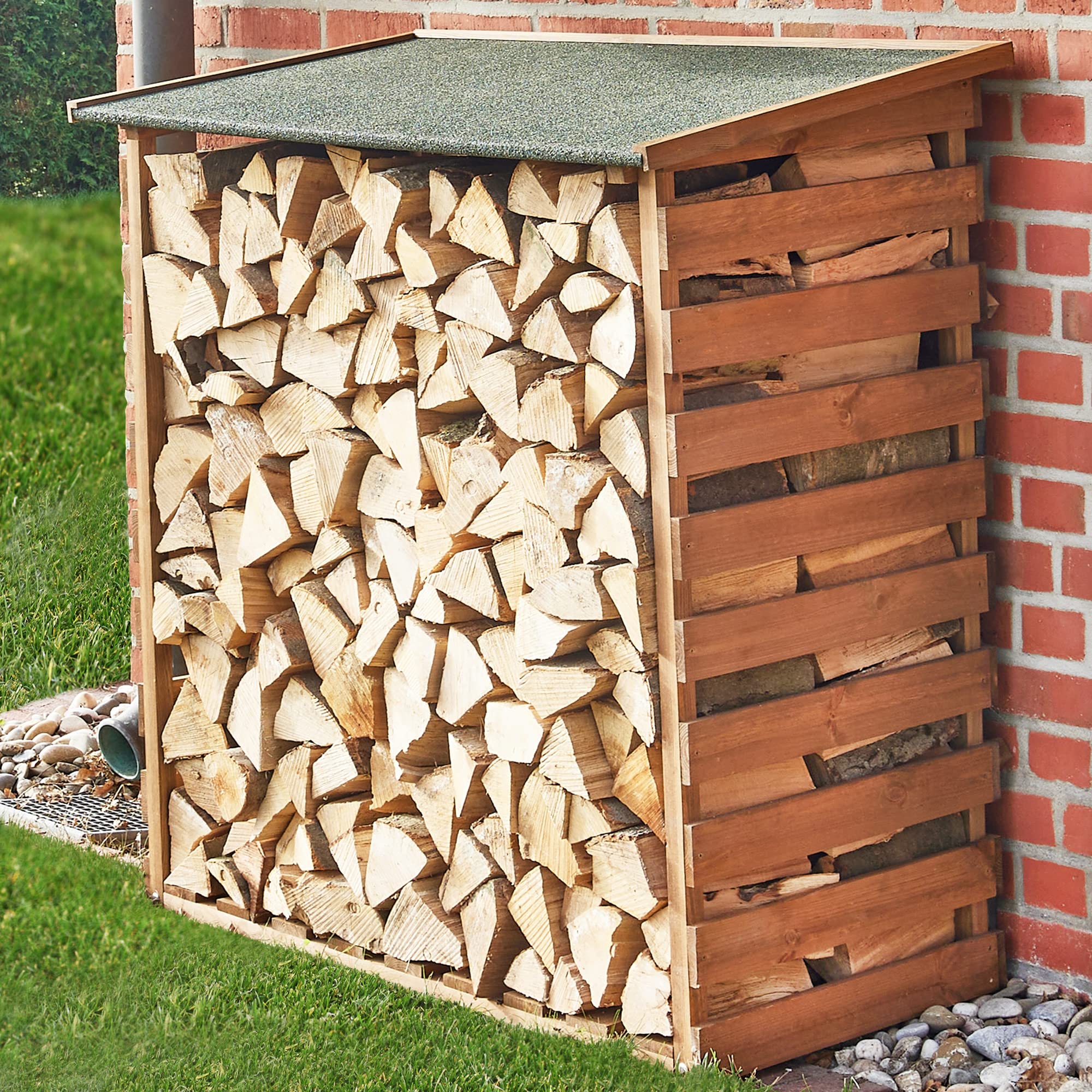 zooprinz Brennholzregal außen aus lasiertem Holz – Kaminholzregal | Holzunterstand für Kaminholz und Feuerholz – Holzstapelhilfe für draußen, Garten, Terrasse und Hauswand