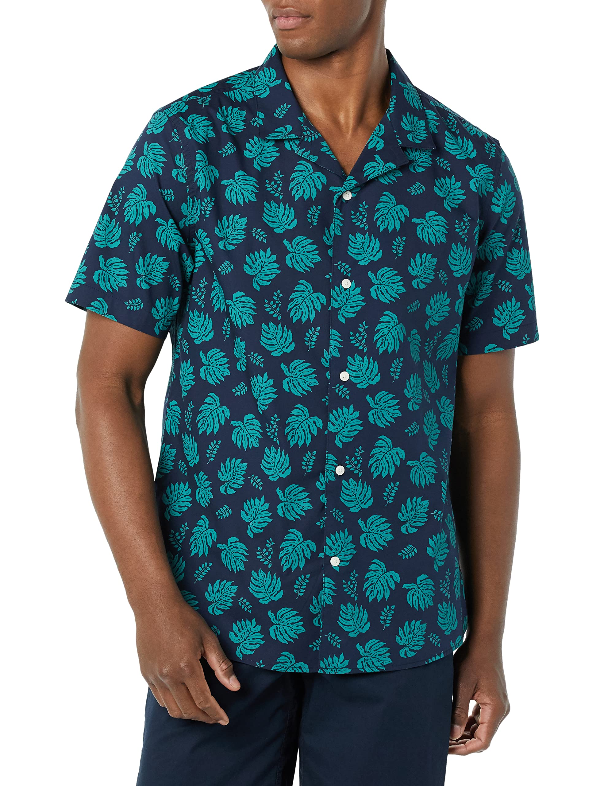 Amazon Essentials Men's Vacation Cotton Button-Down Resort Shirt, Short Sleeve, Navy Palm Leaf, XX-Large