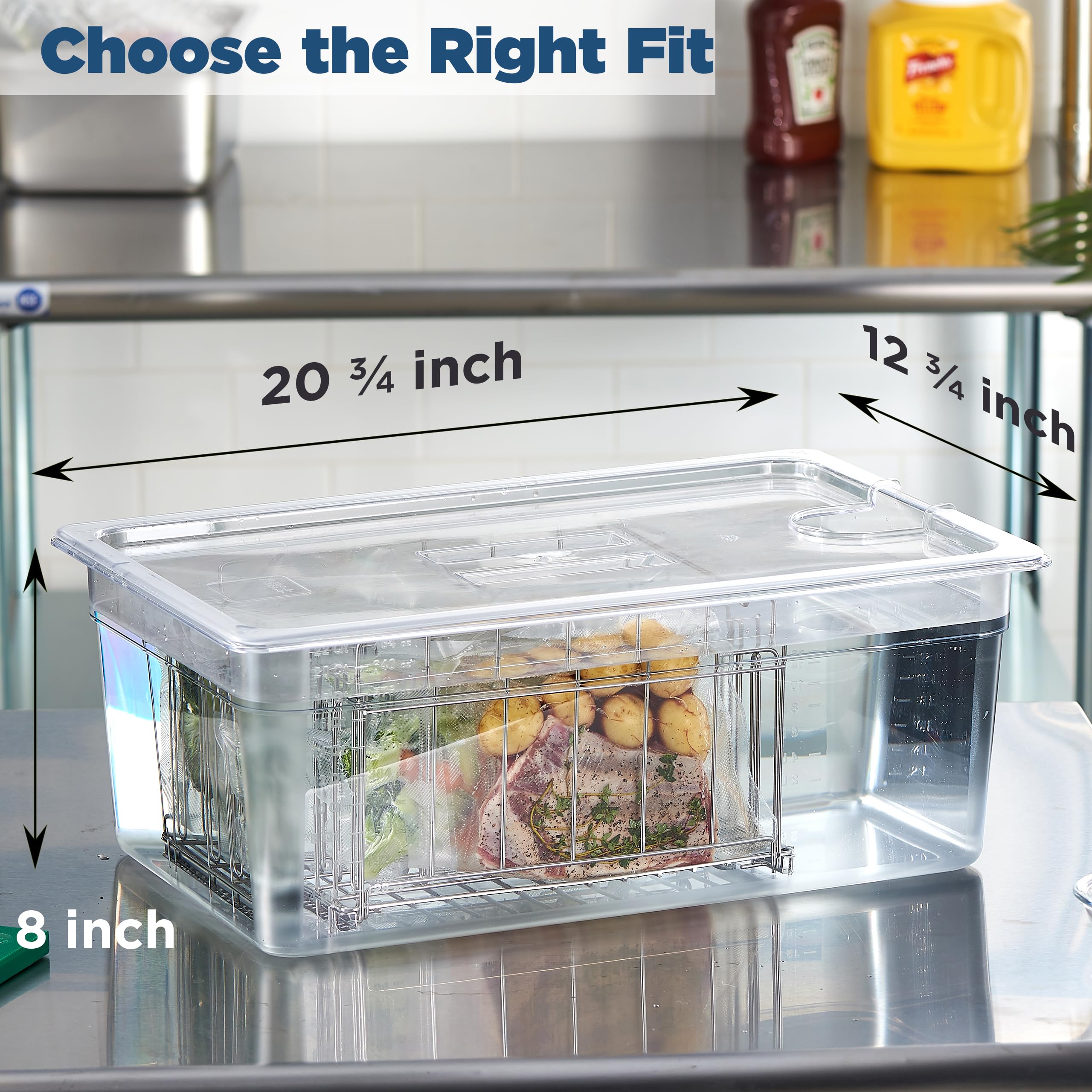 26 Qt Sous Vide Container Kit with Notched Lid, Divider Rack & Insulating Sleeve, 1/1 Full Size Polycarbonate Water Bath, Fits Anova and Most Cookers (Immersion Circulator NOT Included)