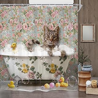 Riyidecor Funny Cute Cat Shower Curtain for Bathroom Decor 72Wx72H Vintage Rose Floral Duck Retro Kitten Animals in Bathtub Bubble Art Printed Fabric Polyester Waterproof 12 Pack Plastic Hooks
