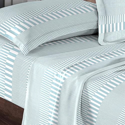 Pizuna Sábanas de algodón azul con estampado floral simple para cama tamaño Queen, 400 hilos, sábanas de satén 100% algodón de fibra larga, tamaño