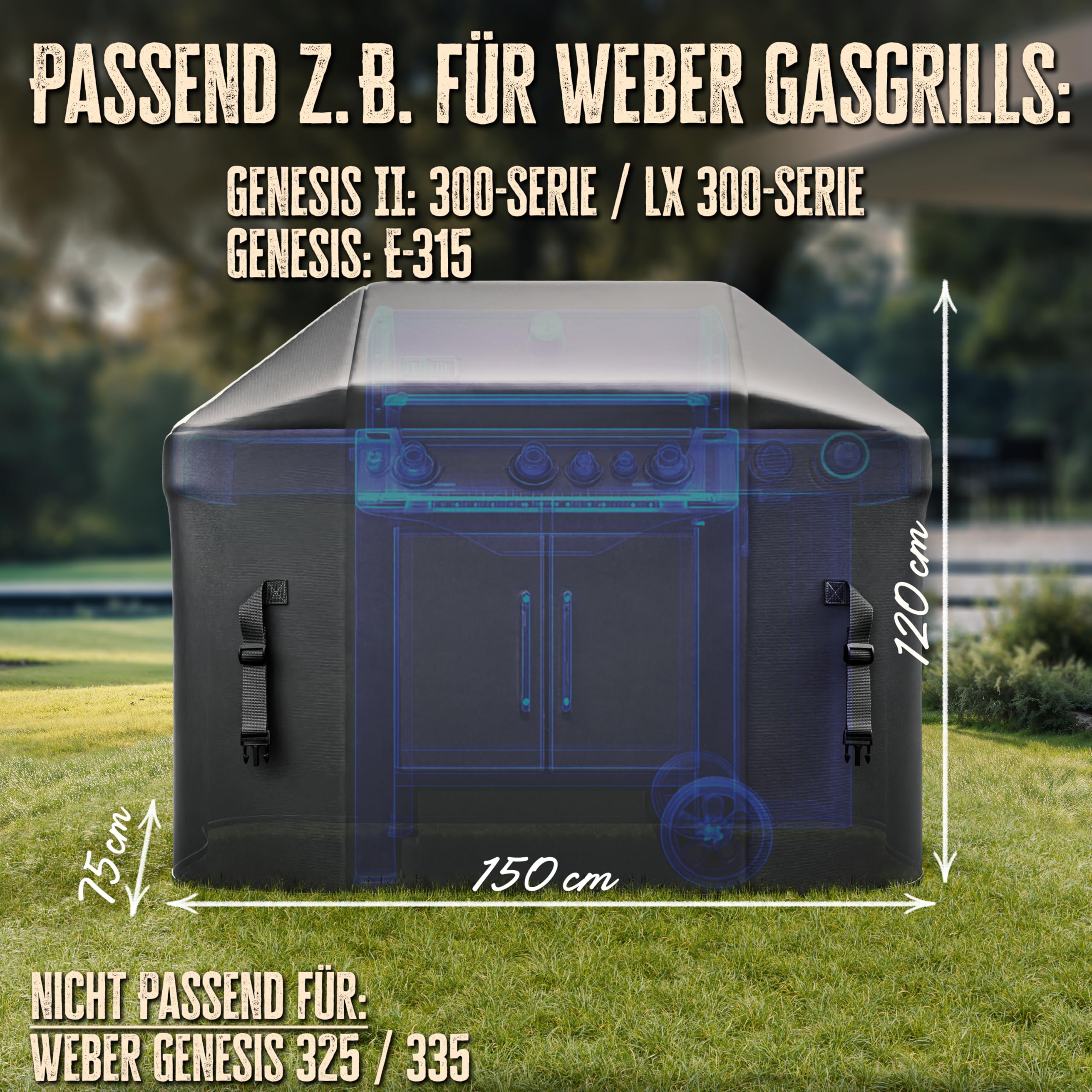 AMZBBQ® Copertura per barbecue di alta qualità, resistente alle intemperie, 150 x 120 x 75 cm, copertura impermeabile al 100% per barbecue a gas, resistente ai raggi UV, con rivestimento di alta