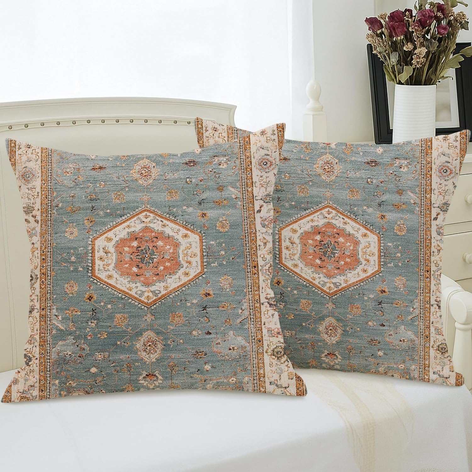 Vintage Floral Throw Pillow Covers Set of 2, Teal Blue Patterned Cushion Cases, Cozy Decorative Square Farmhouse Decor for Living Room Sofa Bed Couch 24x24 Inch