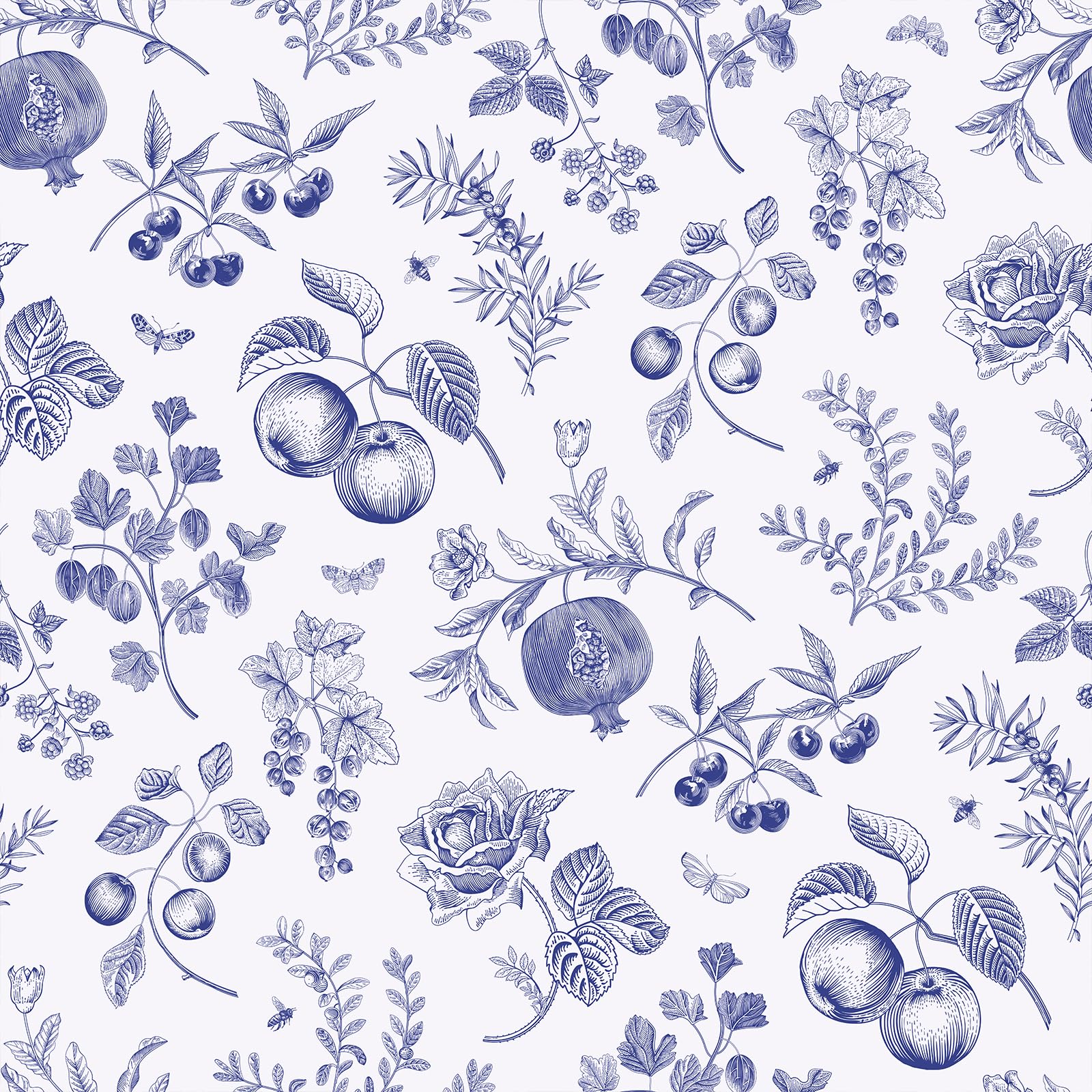 VEELIKE 17.7''x354'' Blue Toile Peel and Stick Wallpaper Boho Fruit Floral Wallpaper Removable Blue Botanical Wallpaper for Bedroom Bathroom Kitchen