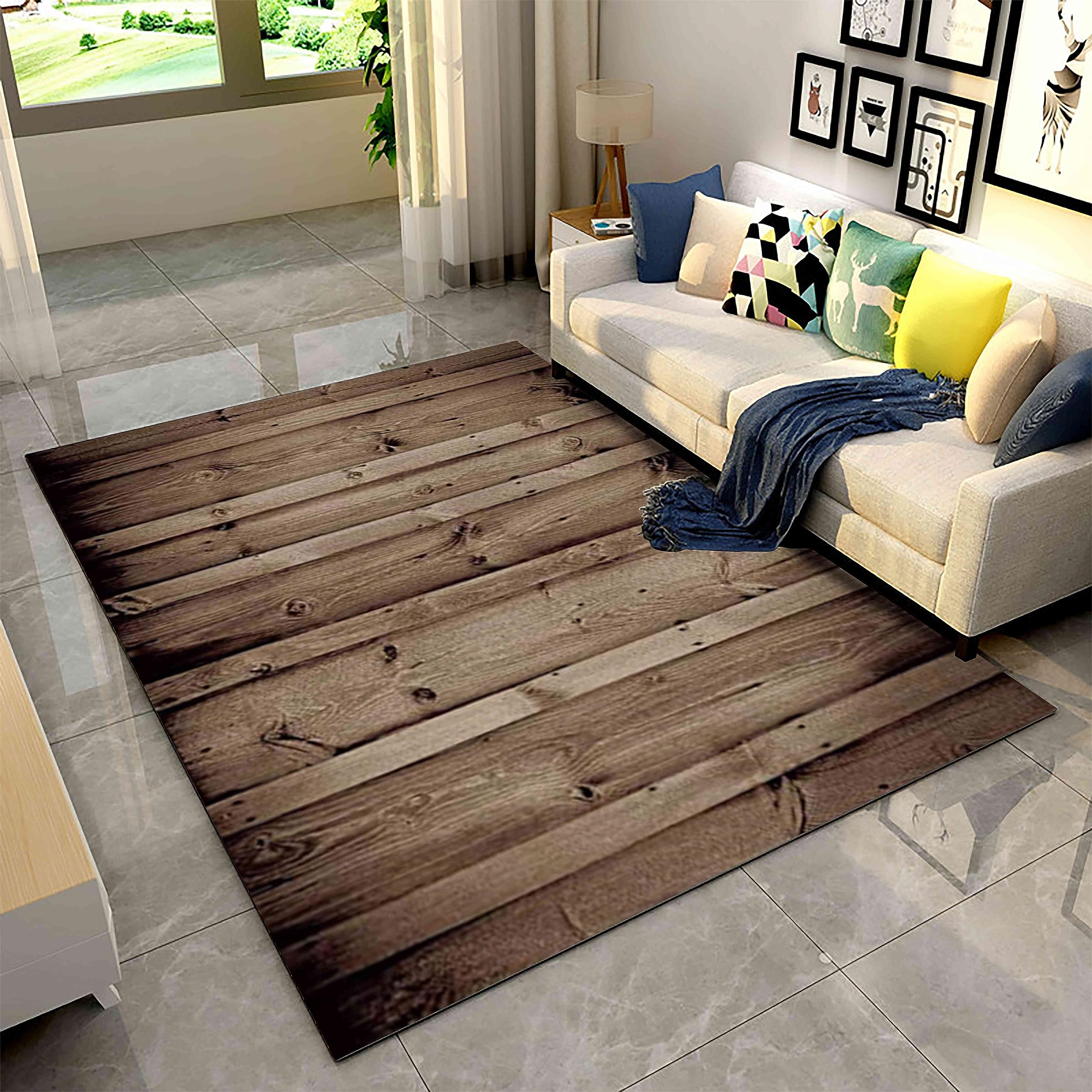 Brown Wood Grain Area Rugs, 4x6ft, Vintage Farm Wood Pattern Kids Rug, Low Pile Non-Shedding Non-Slip Rug, Machine Washable Carpets for Living Room