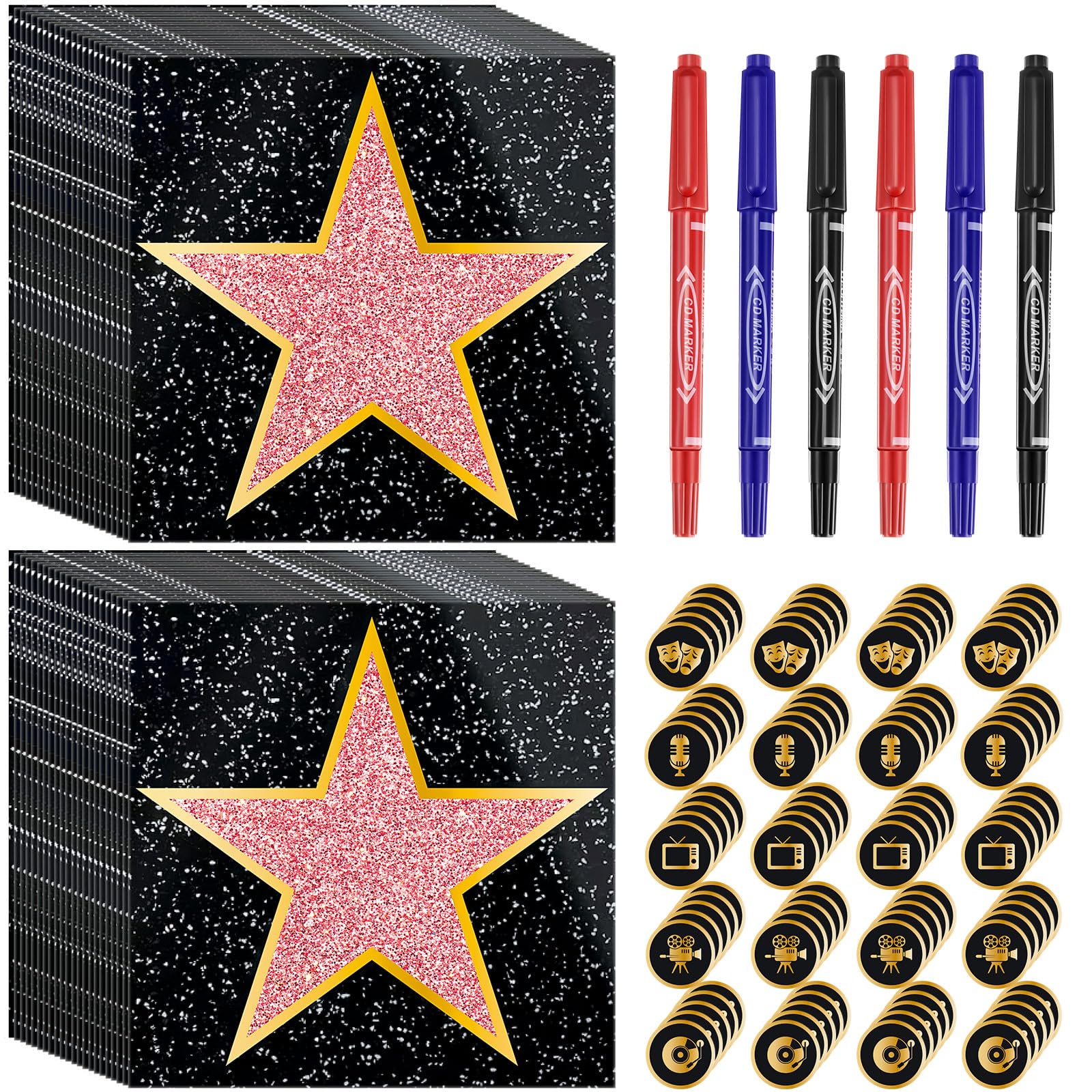 Pasimy 25 Pcs Movie Star Stickers Movie Theme Party Decorations Red Carpet Stickers Stars of Fame Decor Kit Stars Props with Black Markers for Red Carpet Party Decorations