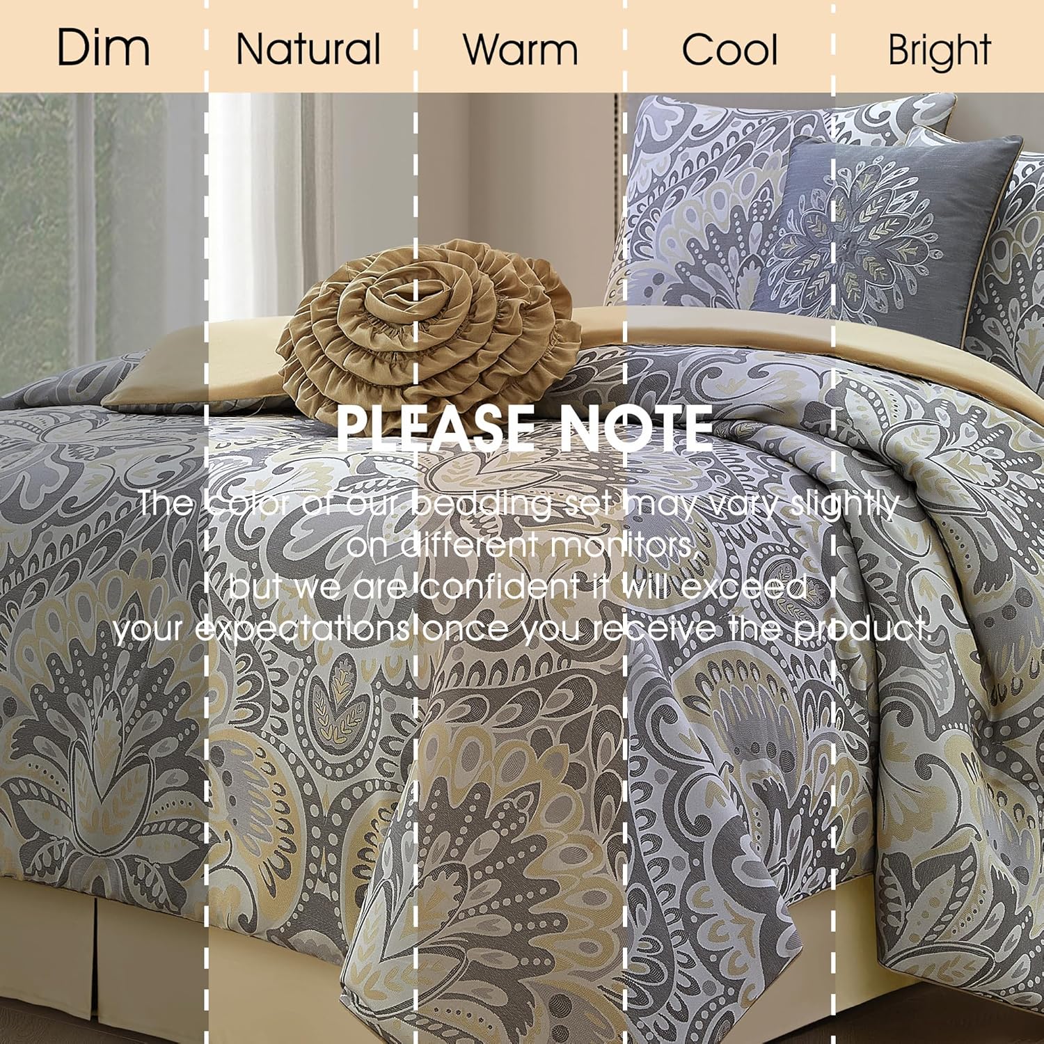 Grey Yellow 6 Piece Comforter Set, Queen, Elegant Floral Jacquard, Ultra Soft Bed Set for All Seasons, Bed in a Bag, Include Comforter, Bed Skirt, Pillow Shams & Decor Pillows