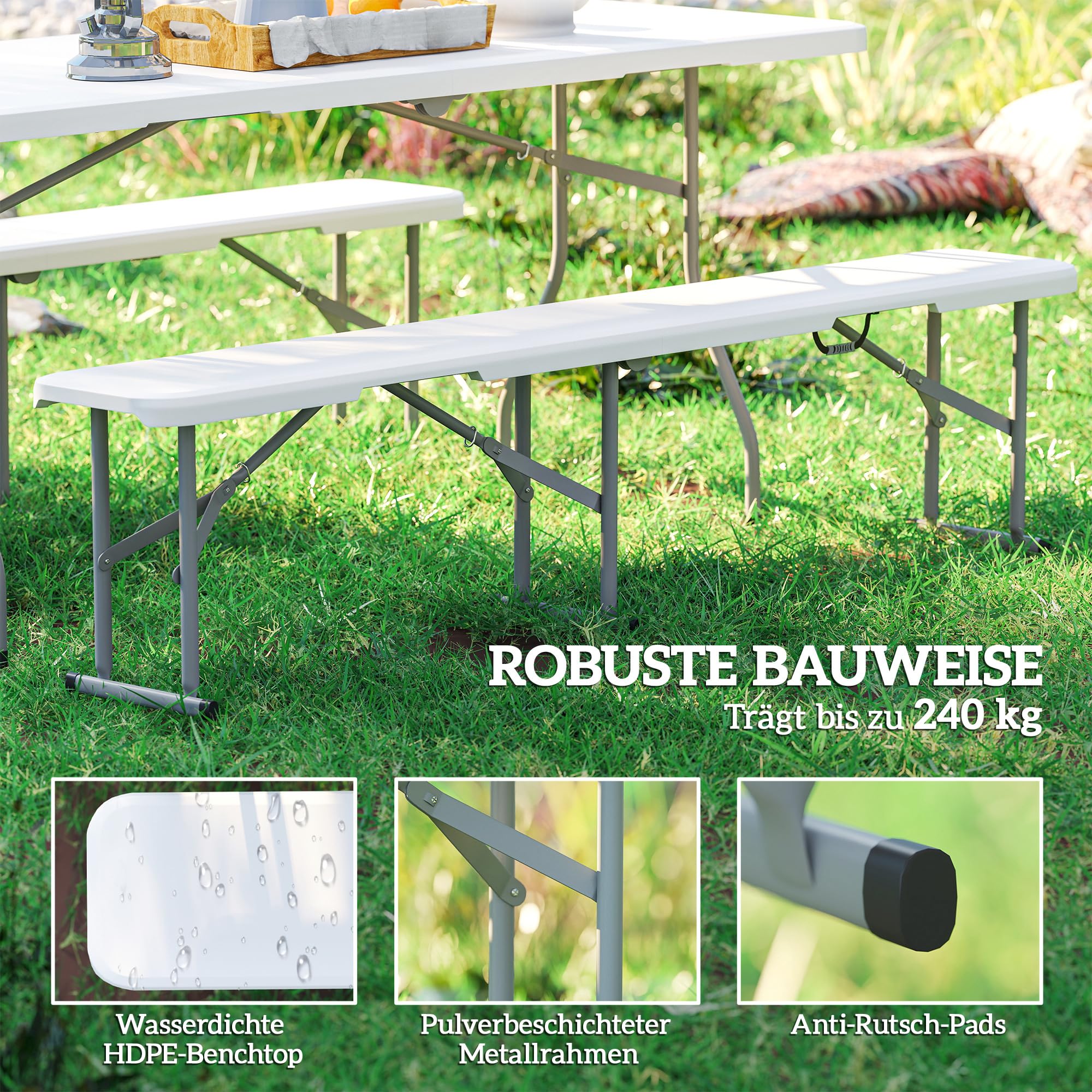 Outsunny Bierbank 2er 8 Personen 182cm Klappbar mit Tragegriff Weiß