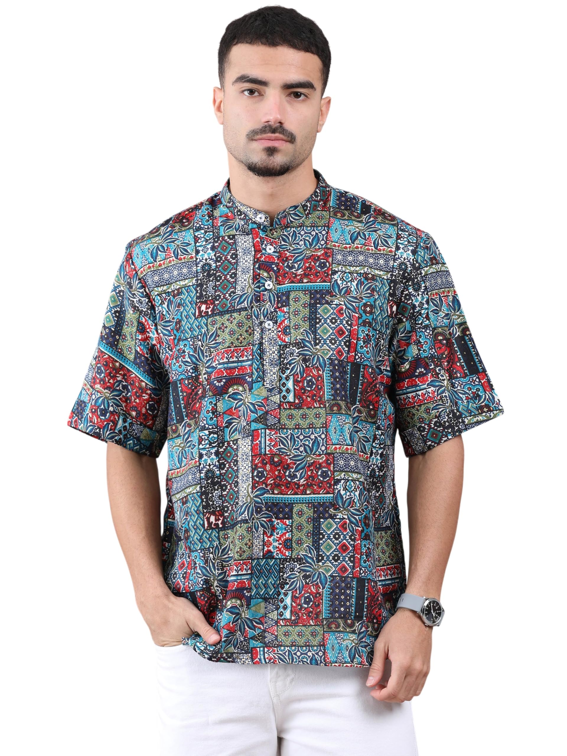 filori Men's Cotton Blend Printed Short Kurta | Half Sleeves | Mandarin Collar | Button Closure | Casual Ethnic Wear-picture-59