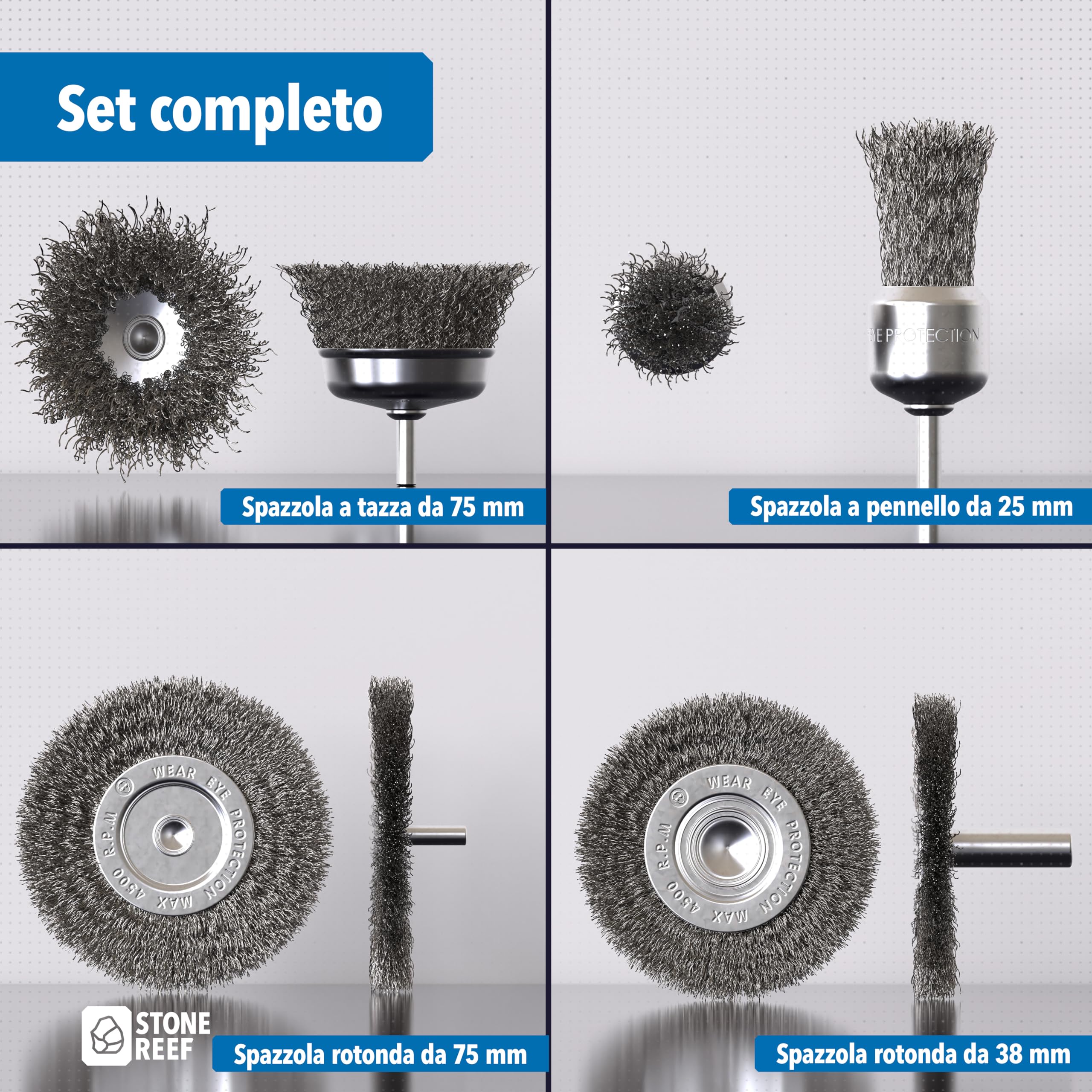 STONE REEF Set di 5 spazzole metalliche, fusto rotondo da 6 mm, trapani, avvitatore a batteria, accessori universali per la lavorazione della superficie, ideale per rimuovere la ruggine e rimuovere