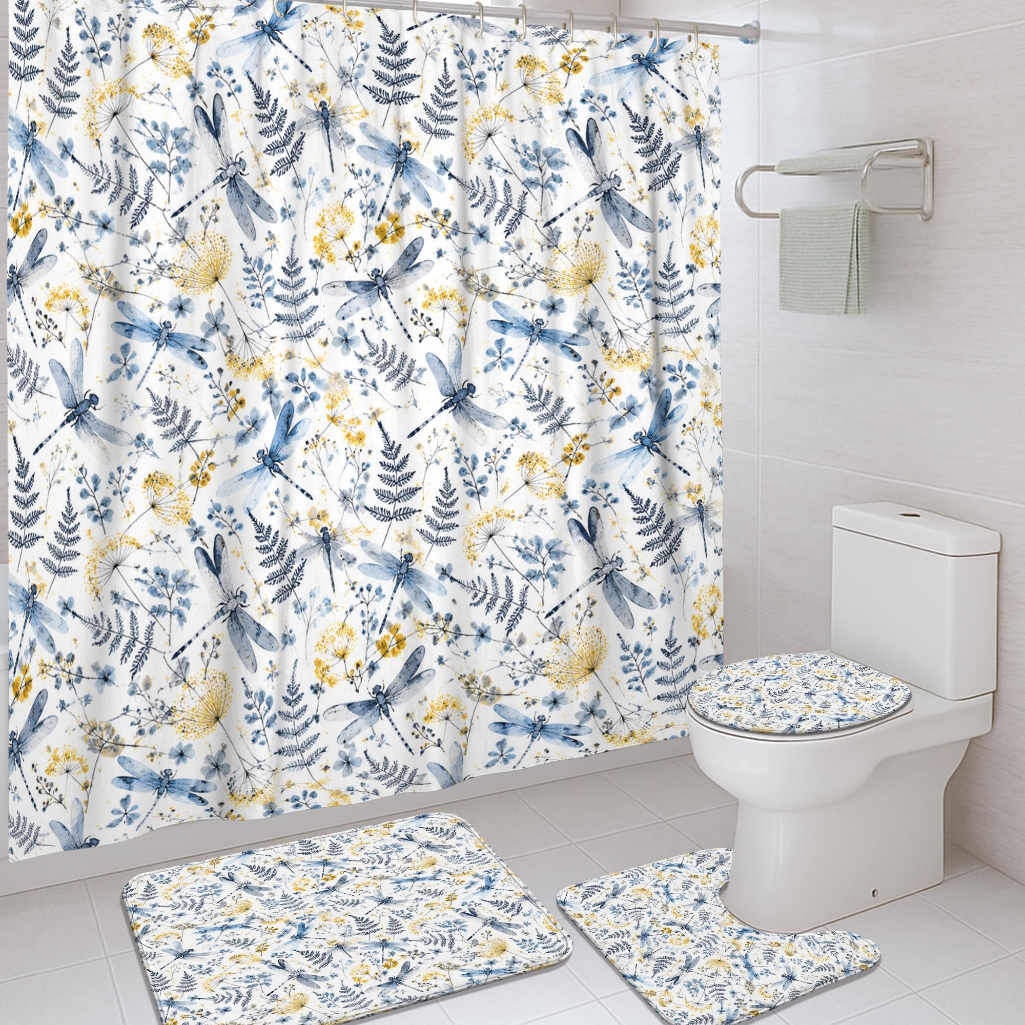 Rideau de douche anti éclaboussure 183x183 motif libellule bleu
