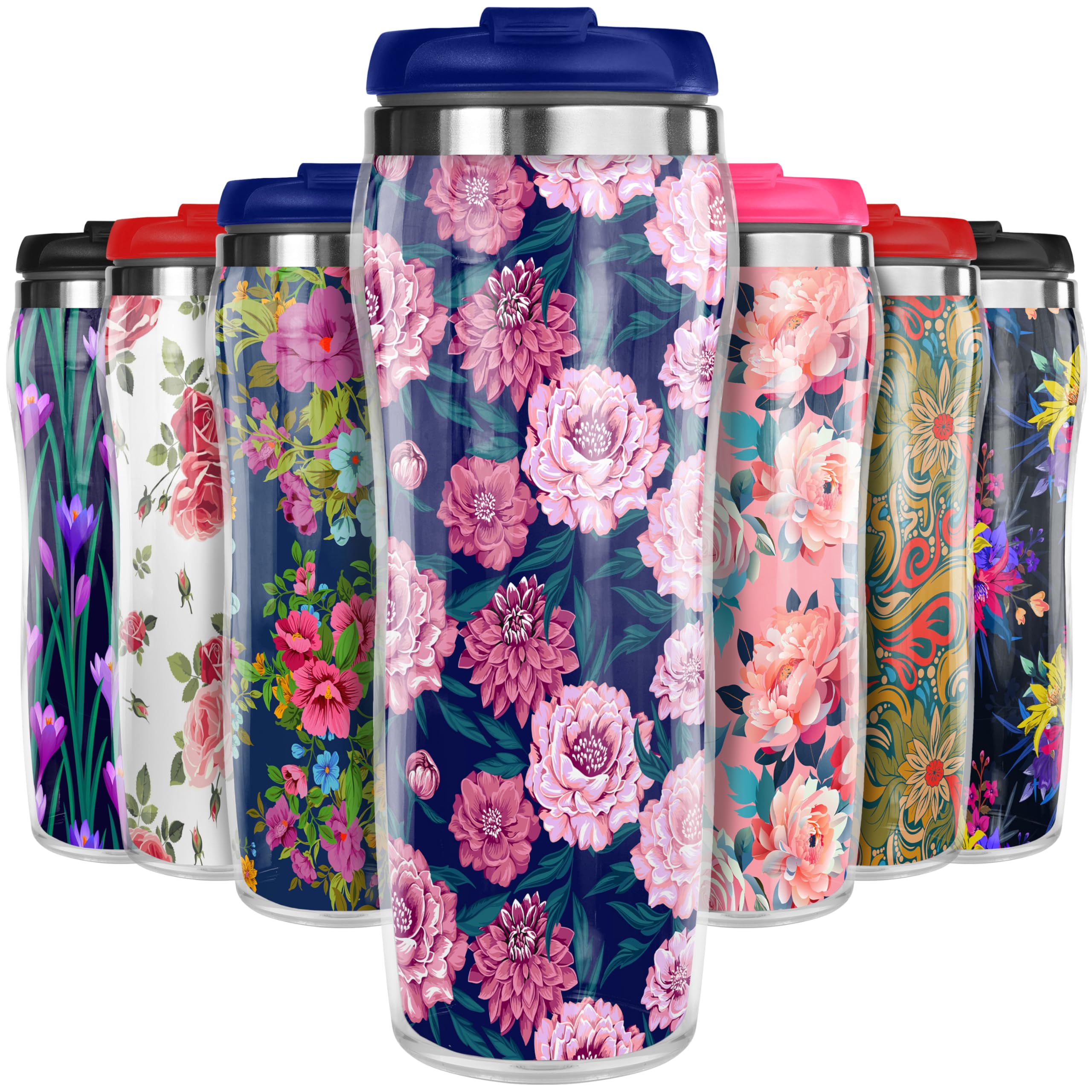Pixly® Floral Pattern Thermal Travel Mug Coffee Tea Flask, 400ml/14oz Capacity, Flowers, Roses, Tropical Plants