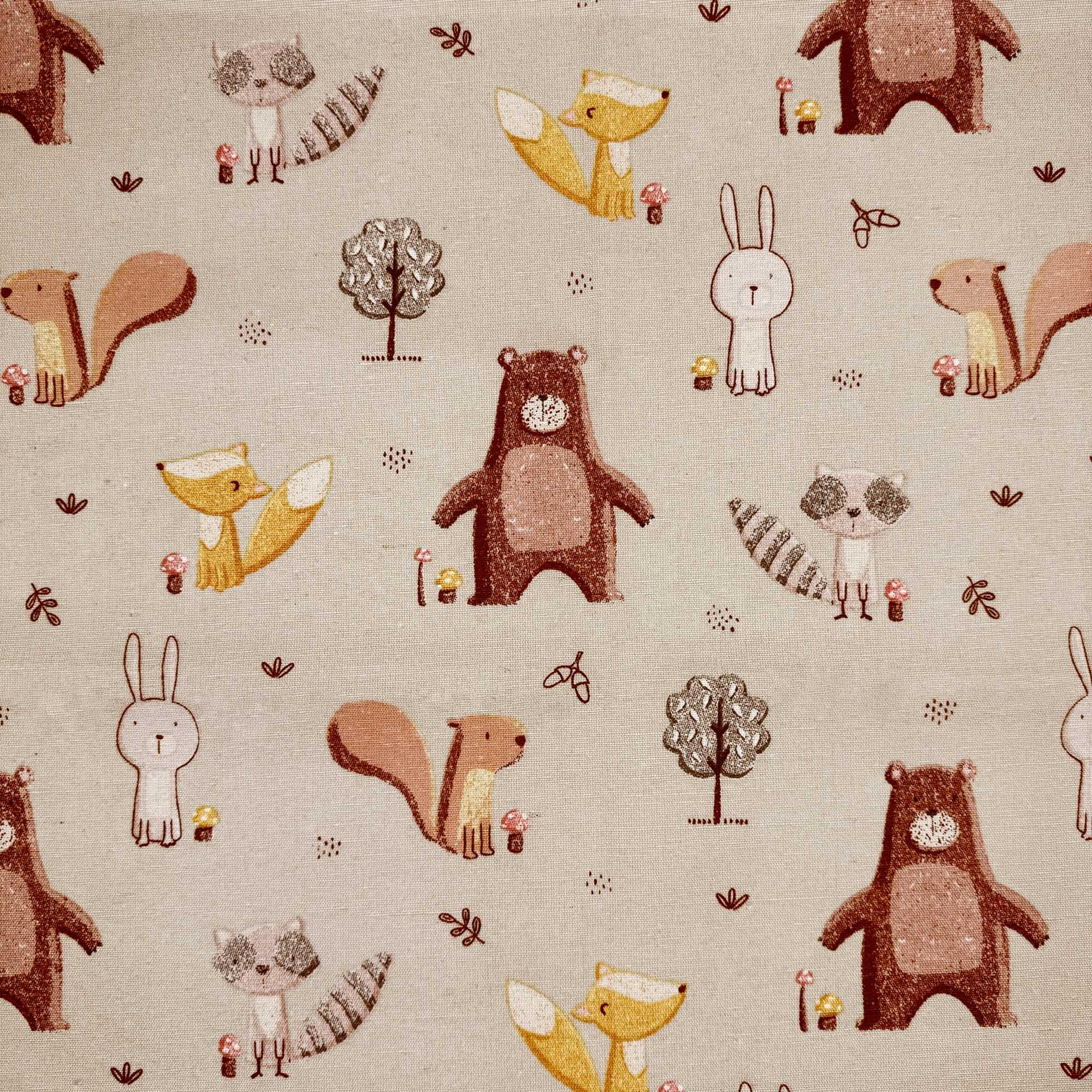 Novelty Designer Prints Cotton Rich Linen Look Quilting Craft Project Cushion Curtain Furnishing Upholstery Home Fabric Material | 55" - 140 cm Wide (per Metre, Forest Friends Taupe)