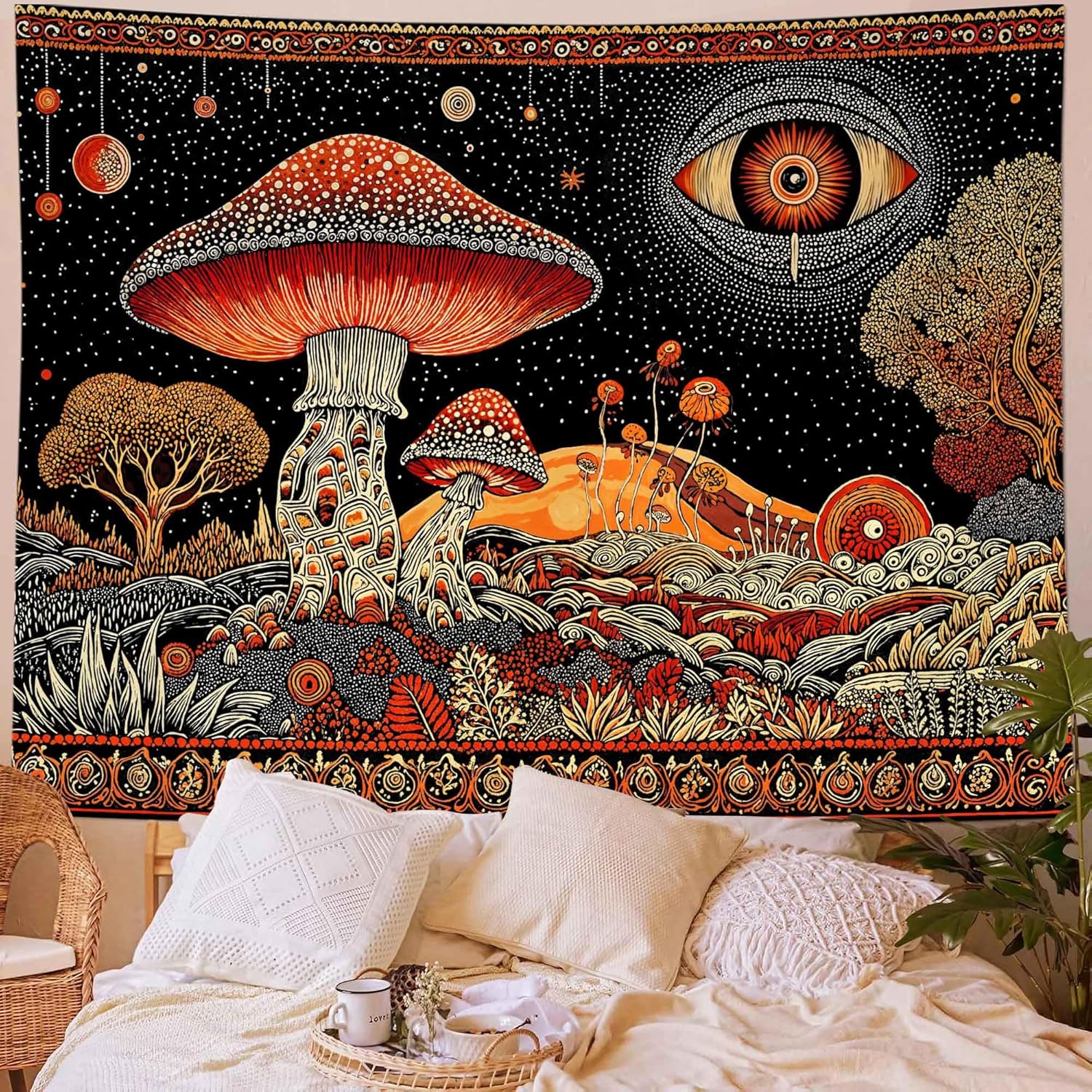Wegklazax Giant Red Mushroom Tapestry, Surreal Fantasy Wall Art for Room Decor, Vibrant Night Botanical Home Decor 90" L x 70" W