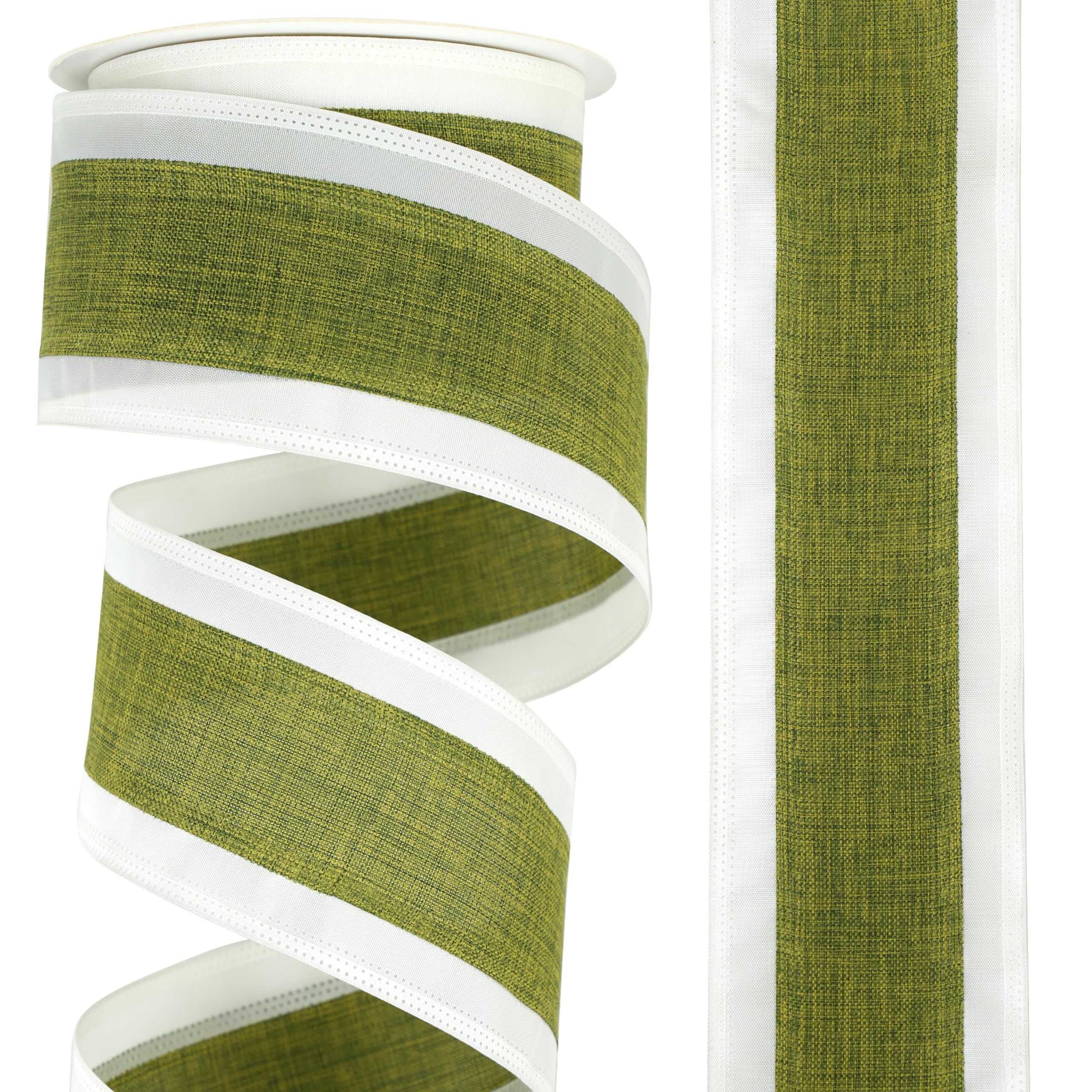 DINDOSAL Ivory and Moss Green Wired Ribbon 2.5" Sage Burlap Wire Ribbon with Ivory Satin Edge for Farmhouse Wreaths Crafts Supplies Gift Wrapping Bows