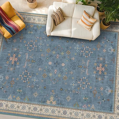Boho 8x10 Large Area Rugs for Living Room - Eclectic Dusky Blue Rug for Bedroom Under Bed, Dining Room Under Kitchen Table, Washable Soft Non Slip Unique Colorful Indoor Décor