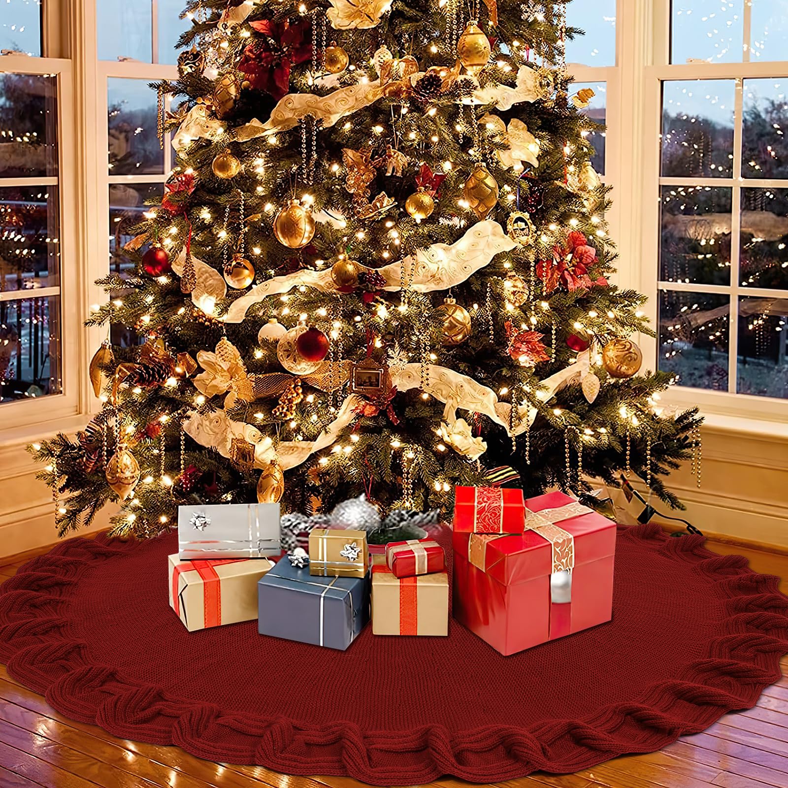 DEMIUKO Jupe de Sapin de Noël 48 inch 122cm Rouge Couvre-Pied Jupe Tricotée pour Sapin De Noël Tapis de l'arbre de Xmas Cache Pied Sapin de Noel pour Décorations de Noel Maison