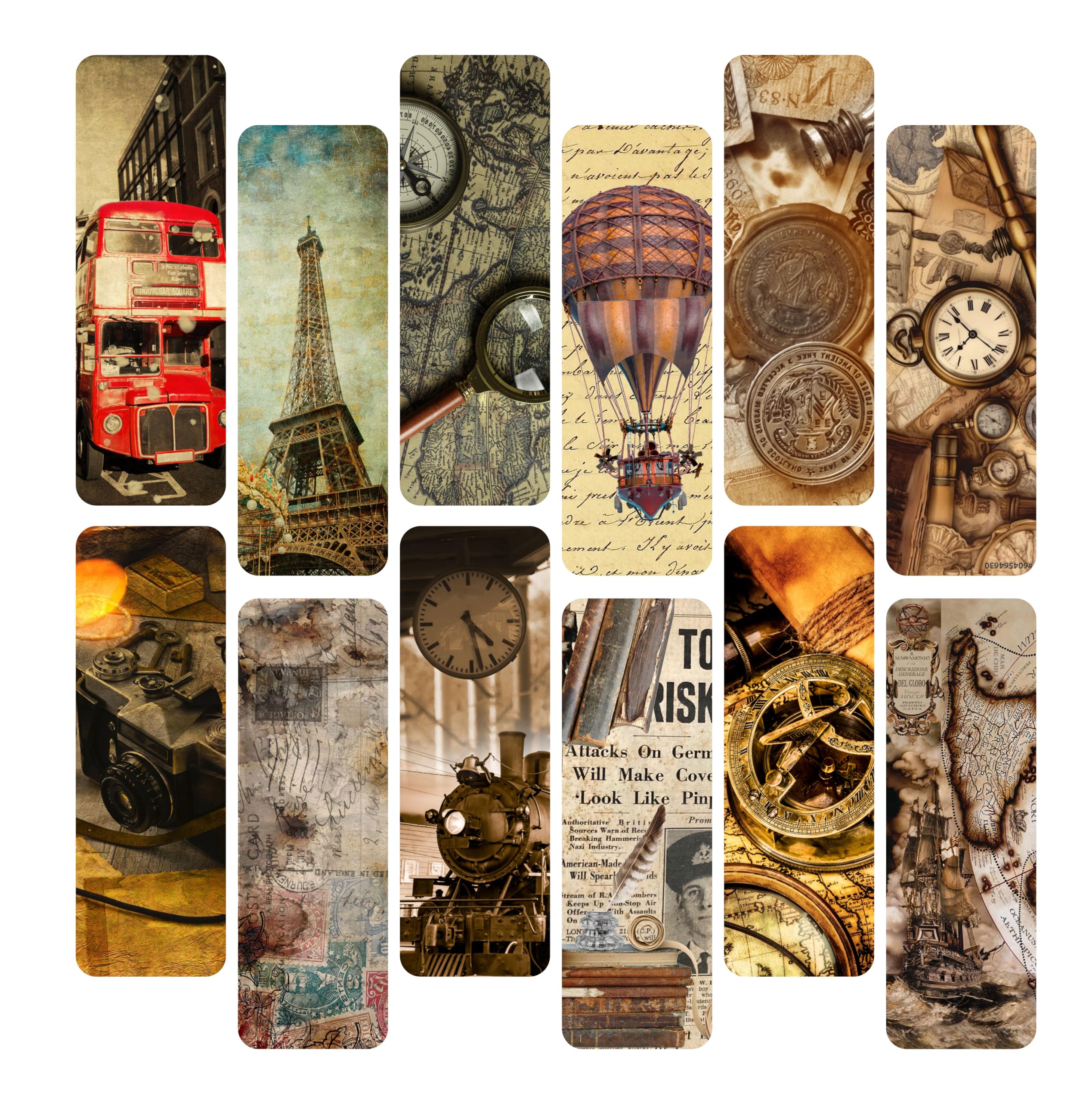 TOWNBUS - Pack of 12 | Vintage Bookmarks for Kids, Teachers, Students | Page Clips | Book Markers for Book Lovers