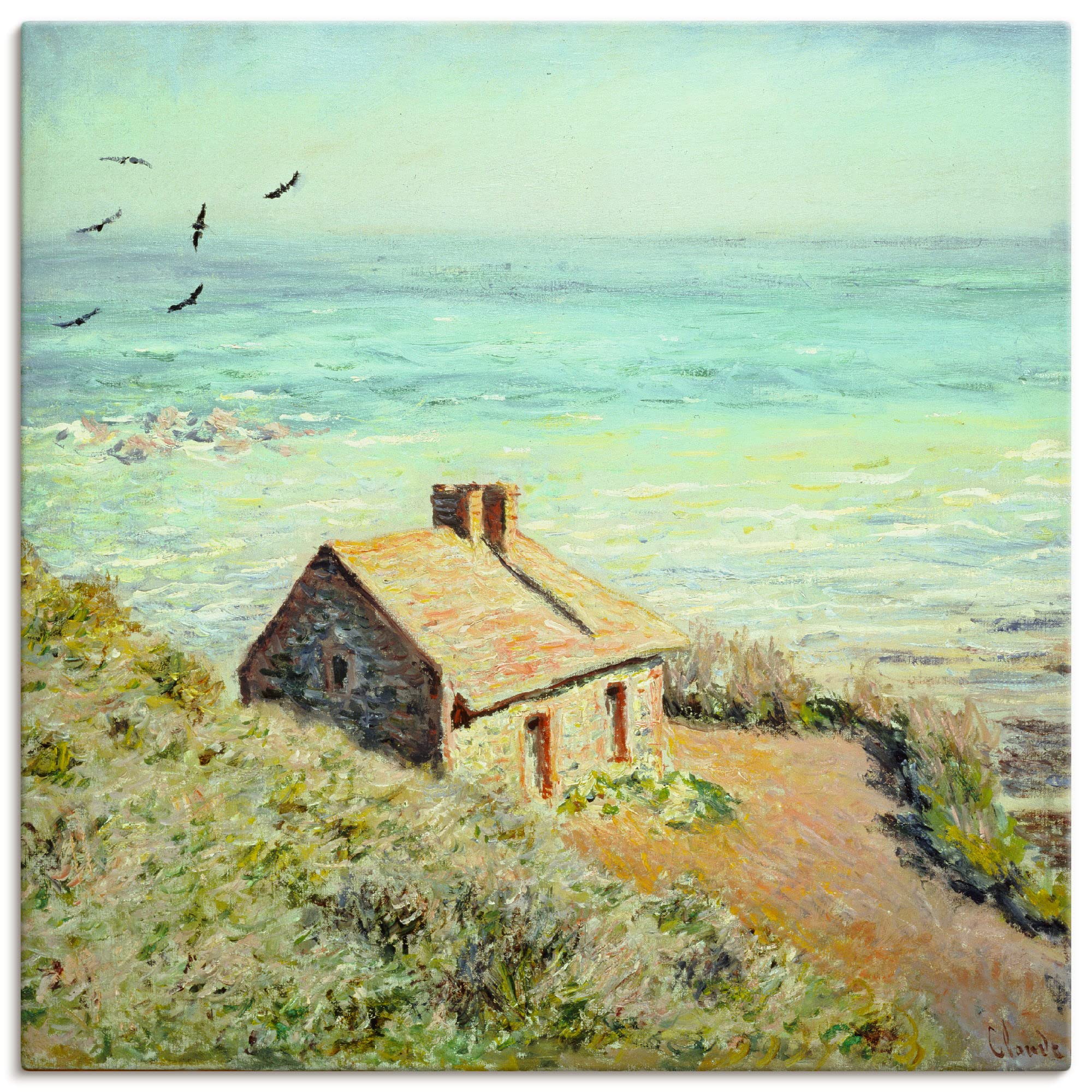 ARTLAND Wanddeko Leinwand Bilder Wandbild 50x50 cm Haus Landschaft Meer Strand Das Zollhäuschen im Morgenlicht 1882 Impressionismus Claude Monet T6UG