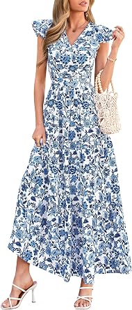 PRETTYGARDEN Womens Floral Maxi Dresses Summer Casual Wrap V Neck Ruffle Sleeve Flowy Long Beach Vacation Dress with Pockets