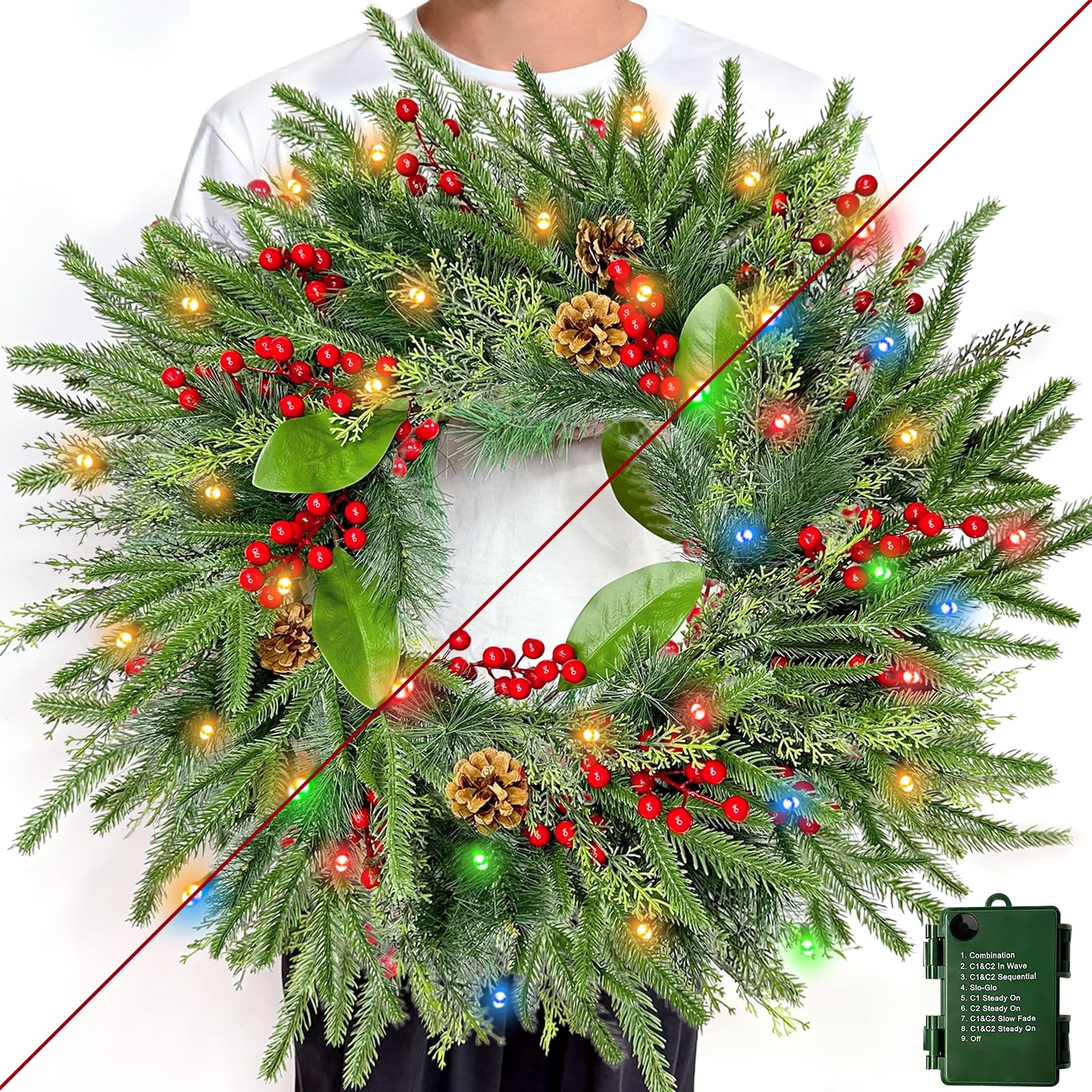Vorbeleuchteter Weihnachtskranz mit Timer und 8 Modi, zweifarbige 50 LED-Lichter, künstliche Tannenspitzen, Stechpalmen- und Zypressenblätter, rote Beeren und Tannenzapfen, Wanddekoration, 61 cm