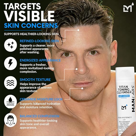 Man Labs Titan Mens Skin Care, Anti-Aging Face Wash for Men-Toning Cleanser | Gentle, toning, exfoliating mens face wash. Skin care for men, refresh & smooth skin without stripping natural oils-Unscented
