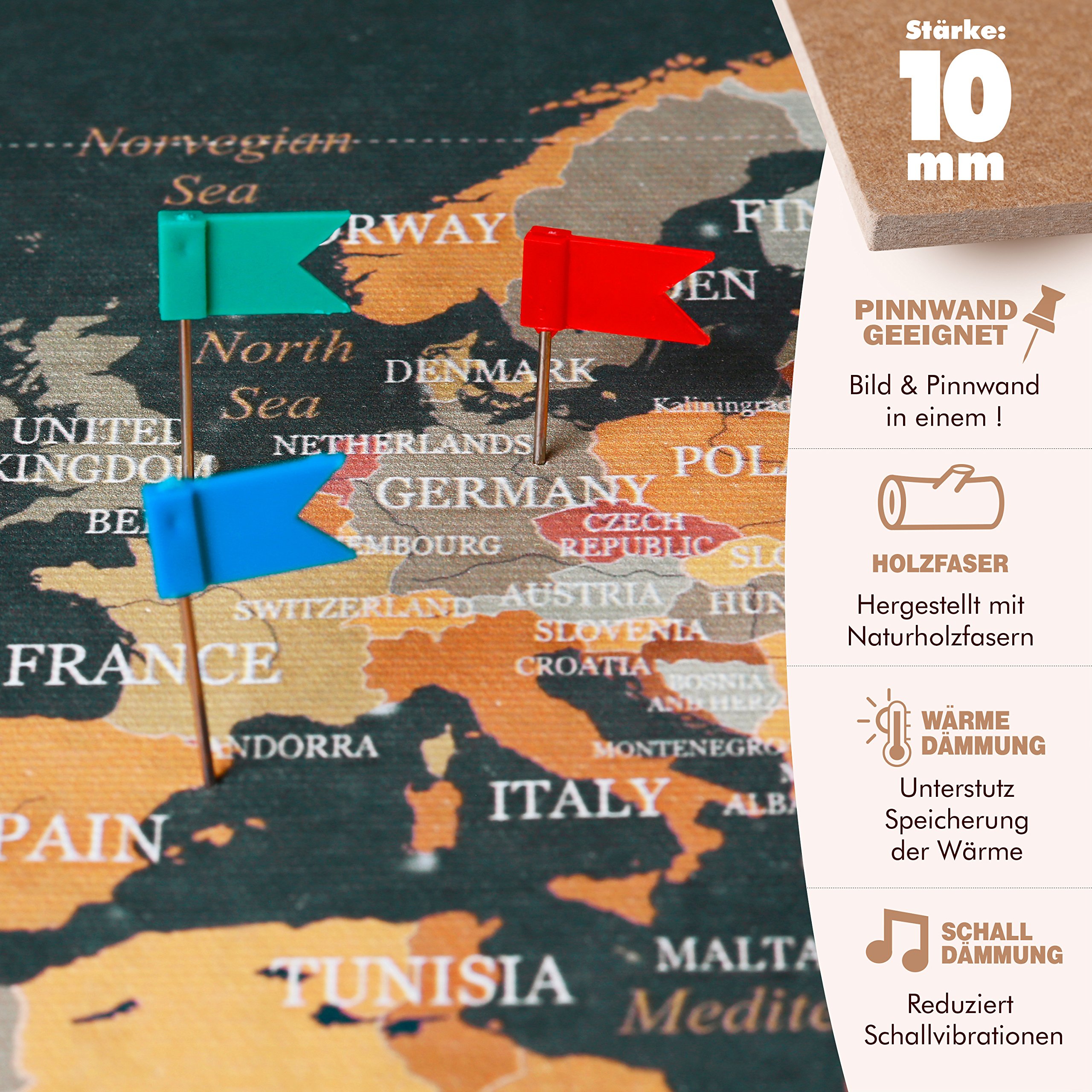 murando - Pannello di Fibra con Puntine - Mappa del Mondo 90x60 cm 1 Pezzo - Bacheca & Quadro su tela in un uno - Decorativo per Parete - Lavagna per le Note Ufficio - Terra Planisfero k-C-0048-v-a