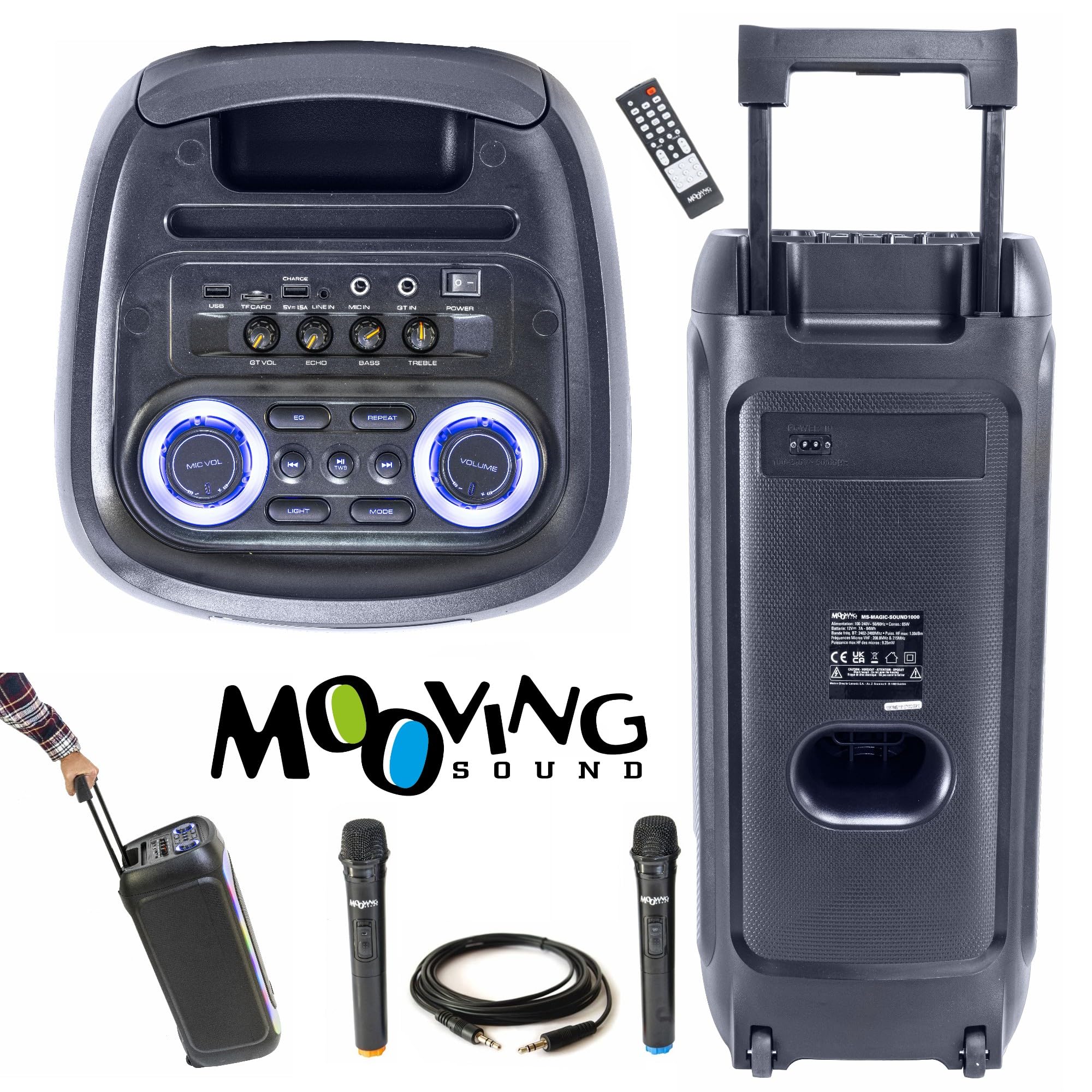 MOOVING LIGHT & SOUND - Pack Karaoke Enceinte 1000W USB Bluetooth sur Batterie Mooving MAGIC-SOUND1000-4 micros sans Fil - Support Tablette SMM20 - Soirée