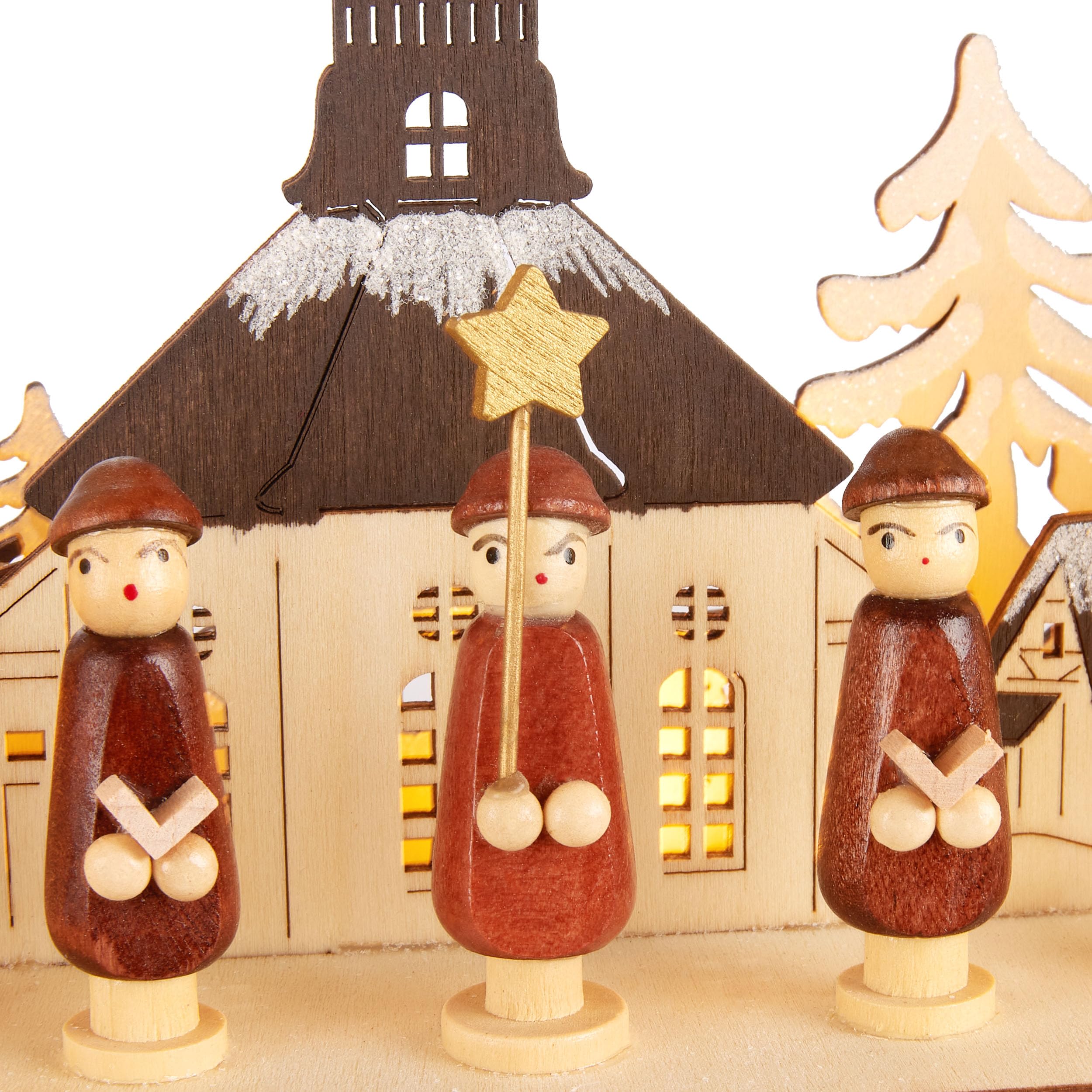 BRUBAKER 3D Lichterbogen - LED Schwibbogen - Sternsinger - LED-Beleuchtung mit Batterie und Kabel - Holz Natur - 27 x 40 x 7,5 cm - Handbemalte Figuren - Weihnachtsdeko für Tisch und Fenster