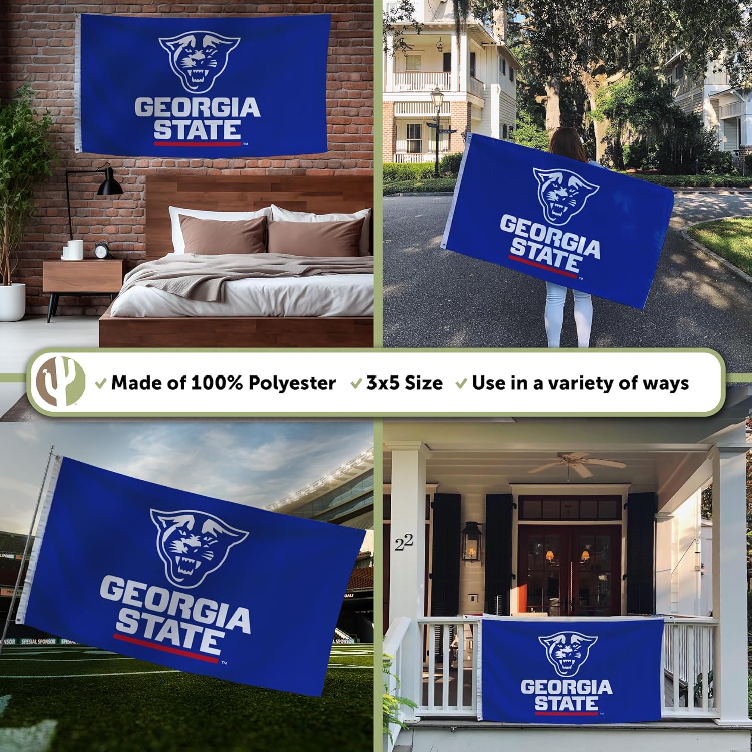 Desert Cactus Georgia State University GSU Flag - 3 x 5 Feet Panthers Banner, Indoor/Outdoor Durable Fabric, 100% Polyester Design (Style 1) - Image 3