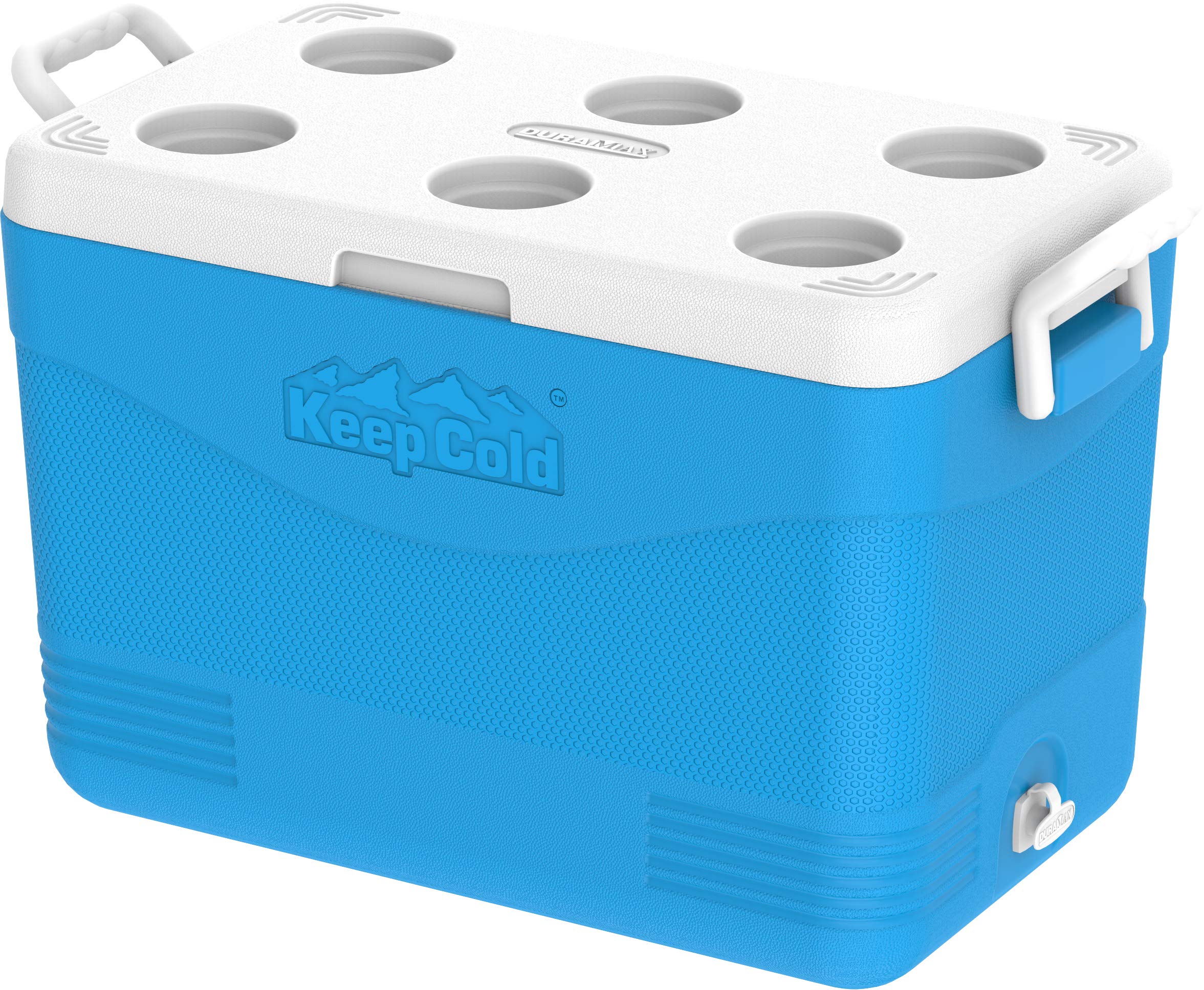 Duramax Picnic Icebox 46 High Performance Cool Box with PU Insulation, Side handles with Secure Lid Locking and Cup Holders on Lid, Icebox 46 Litre, Cooler box, Light Blue