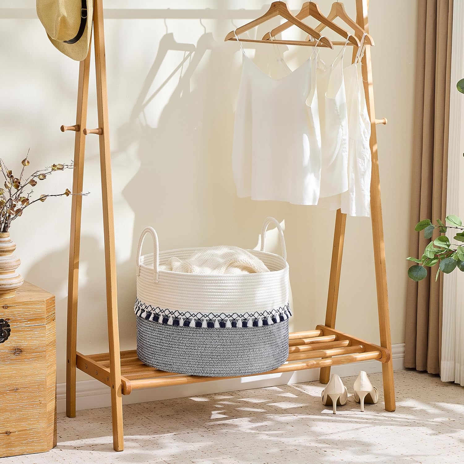 KAKAMAY Cotton Rope Storage Basket (20"x13"),Woven Hamper for Blankets,Toys,Pillows,Clothes,Laundry,Sturdy Handles Decorative Basket for Living Room, Bedroom,Nursery(Blue Printing)