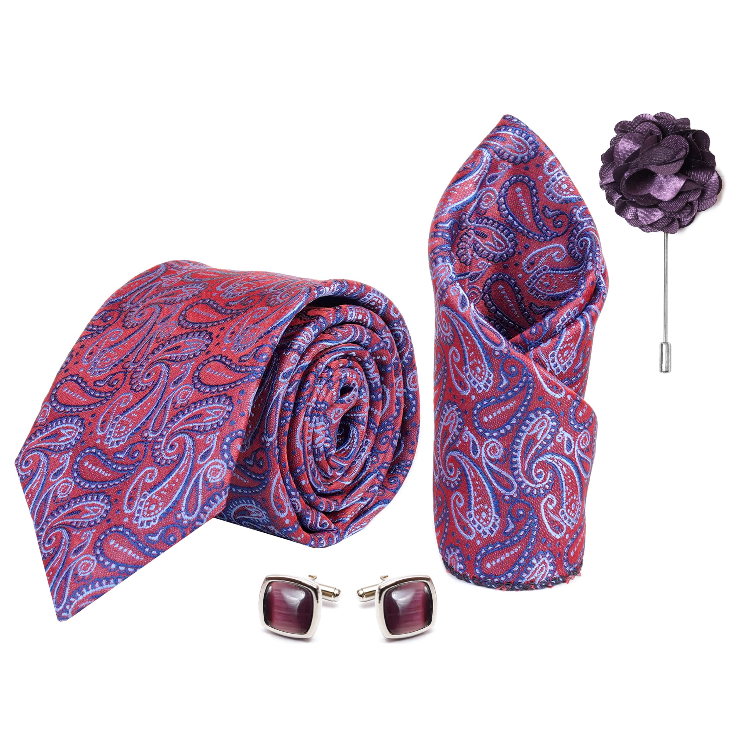 axlon Mens Plaid Micro Self Silk Necktie Gift Set With Pocket Square Cufflinks & Brooch Pin Tie for Men Formal Tie Set with Box (Pack of 4) (Wine, 2022AX_12)-picture-40