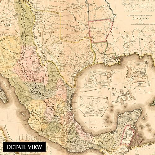 Miniatura 2 de HISTORIX Póster vintage de 1847 con mapa de México, mapa vintage de Estados de México, 18 x 24 pulgadas, arte de pared de Mapa de México, Mapa de