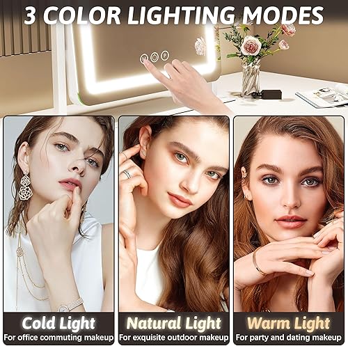 Vista 127 de FENNIO - Espejo de tocador con luces, sensor táctil con 3 modos de iluminación, aumento 10X, puerto de carga USB para mesa de tocador, dorado, 32 x