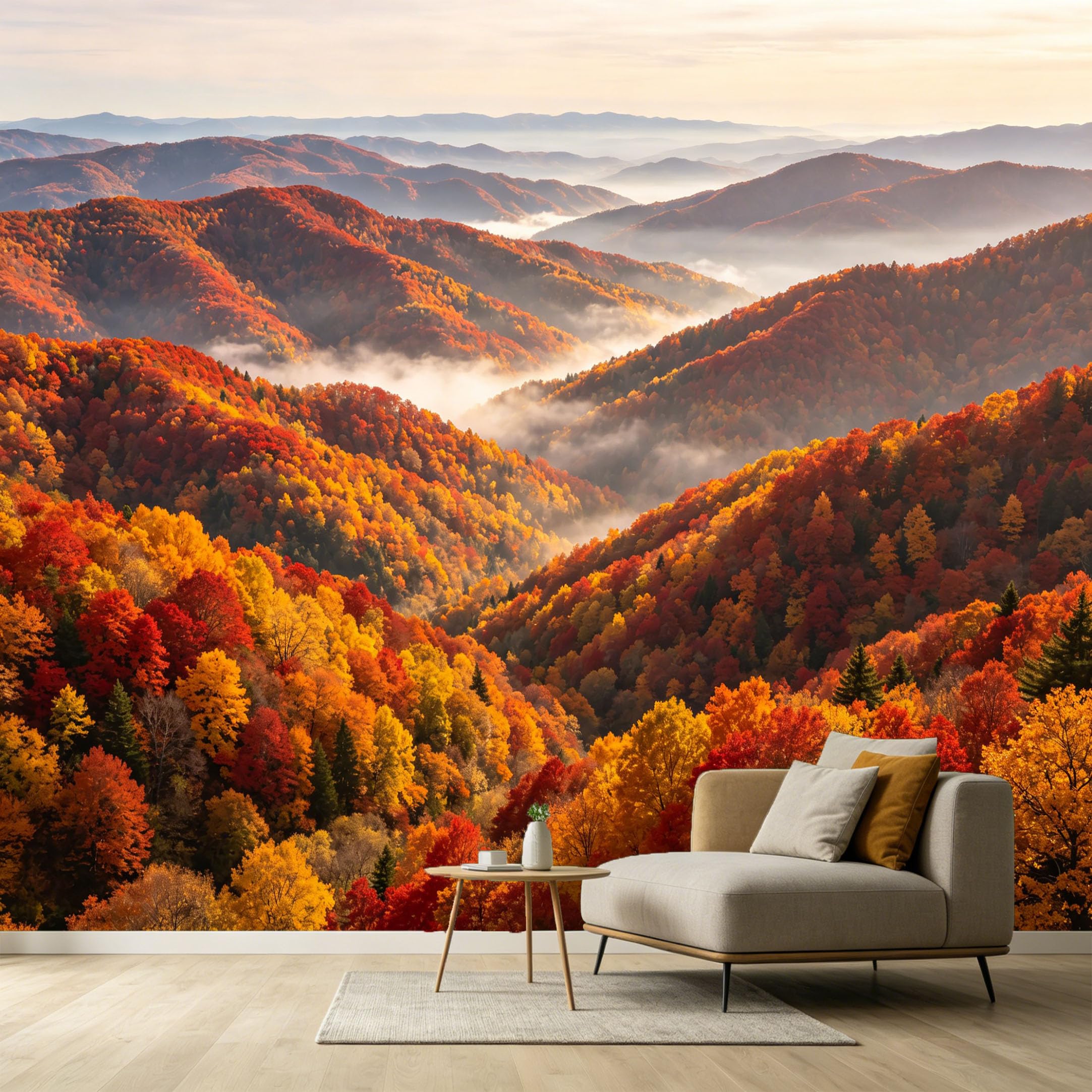 Custom Size Wall Murals Autumn Forest Mountain Landscape Foggy Valley Oil Painting SelfAdhesive Wall Fabric Removable Large Wallpaper for Photo Living Room