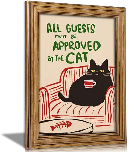 Gold Framed kitchen Canvas Wall Art Funny Black Cat With