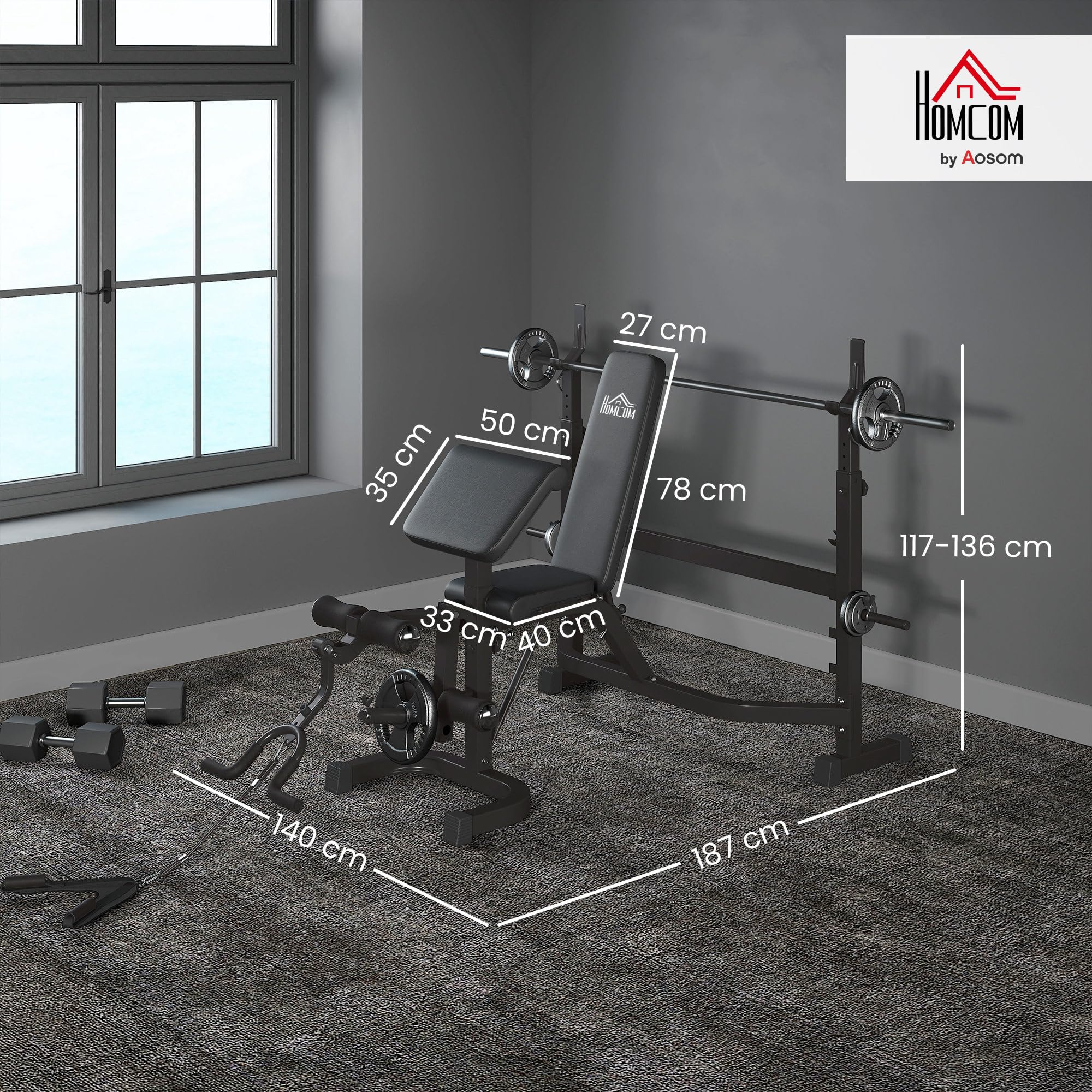 HOMCOM Panca Palestra Multifunzione Regolabile con Rack Bilanciere, Pad per Gomiti e Schienale, Panca Pesi Inclinabile Piana con Leg Extension, Low Row, Arm Curl, Addominali, Allenamento Palestra Casa