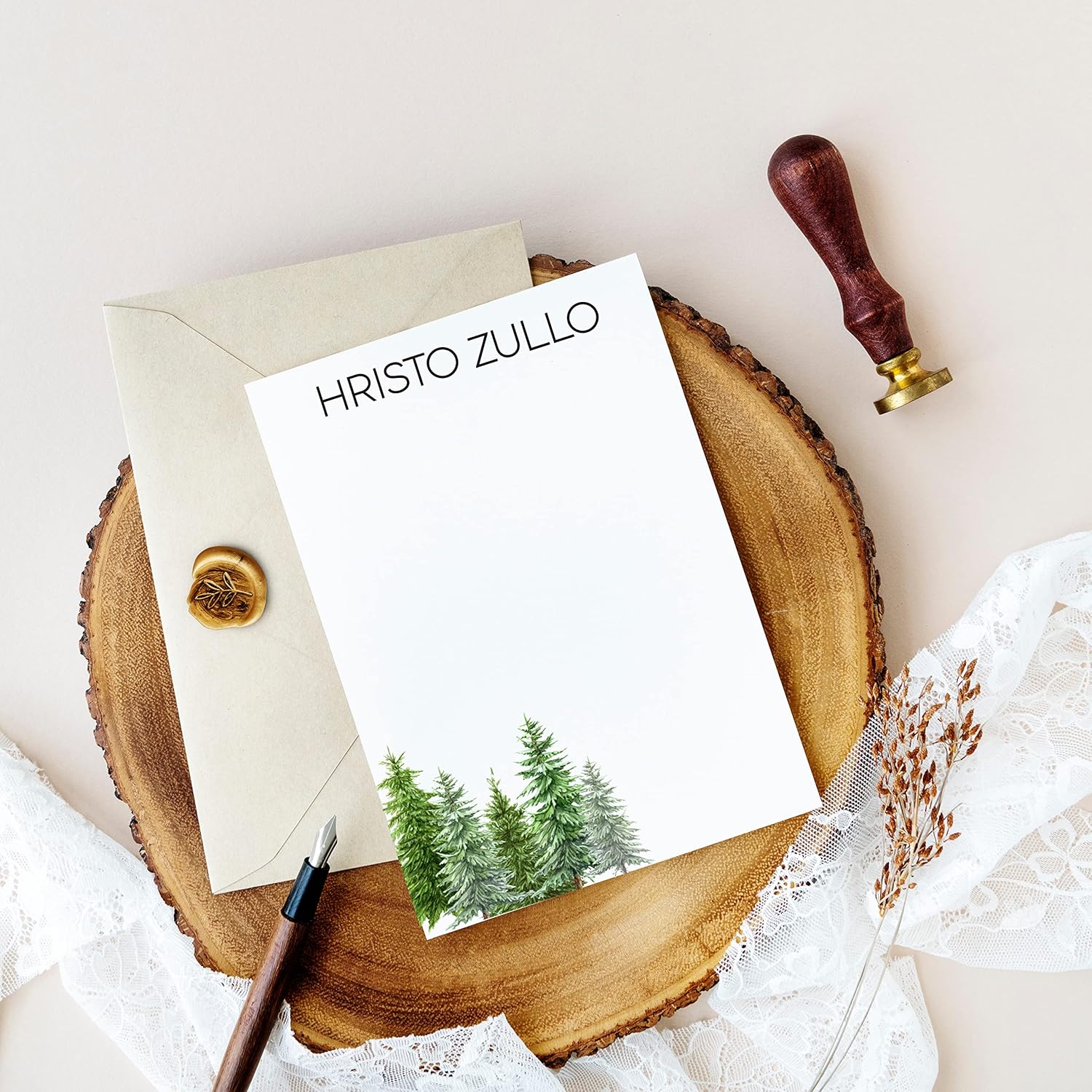 Mens Personalized Forest Note Cards | Watercolor Trees | Mens FLAT Stationery Notes | Stationary for Him | Set of 10 Cards and Envelopes 22-96