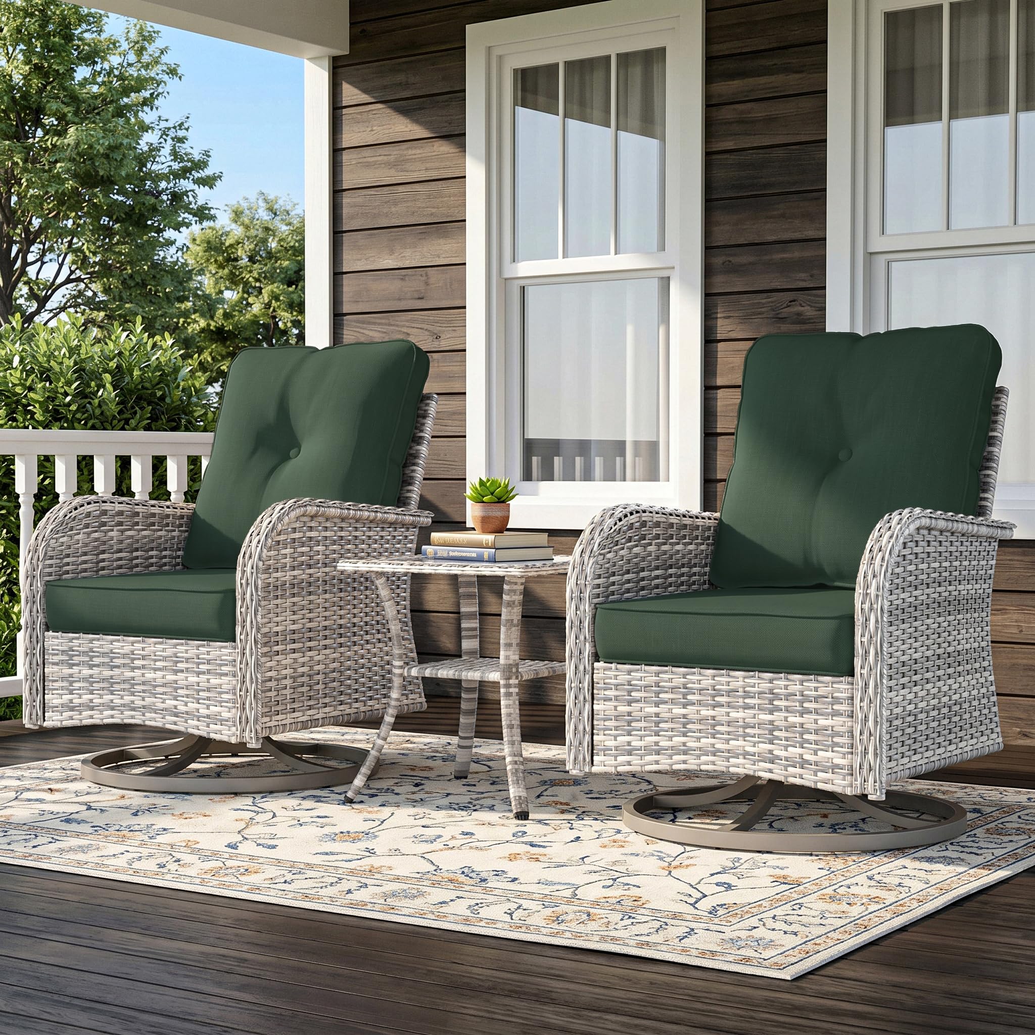 3-Piece Small Patio Furniture Set, Outdoor Swivel Rocking Chairs Set with Wicker Chairs and Tempered Glass Side Table, Outdoor Furniture Patio Bistro Set for Balcony, Deck, Porch