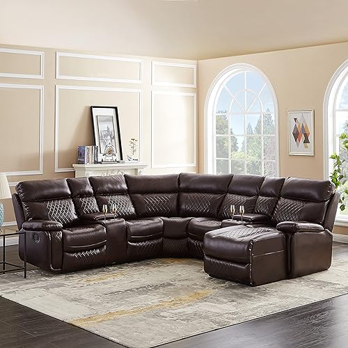 ERDAYE Corner Living Room Motion Sectional Sofa PU Leather L Shape Manual Reclining Couch with Cup Holders and Storage Boxs for Villa Home Apartment