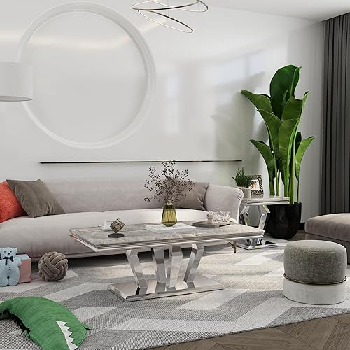 Miniatura 3 de ACEDÉCOR Mesa auxiliar, mesa de centro plateada con cuatro bases geométricas de espejo, mesa auxiliar rectangular con marco de metal resistente,