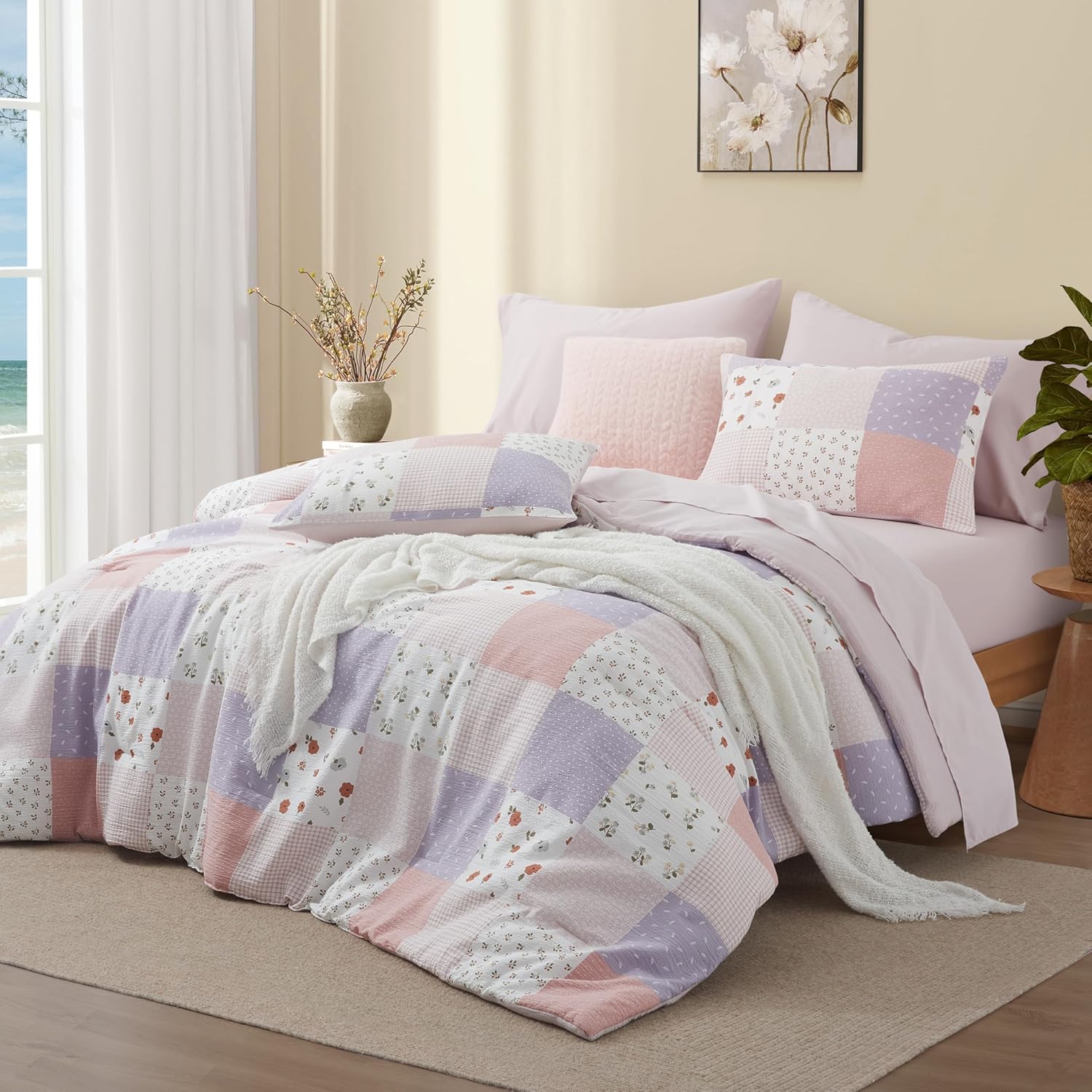 Oli Anderson King Comforter Set, 7 Pieces Misty Pink Floral Seersucker Bed Comforter, Patchwork Reversible Bed in a Bag with Comforter, Sheets, Pillowcases & Shams (Misty Pink, King)